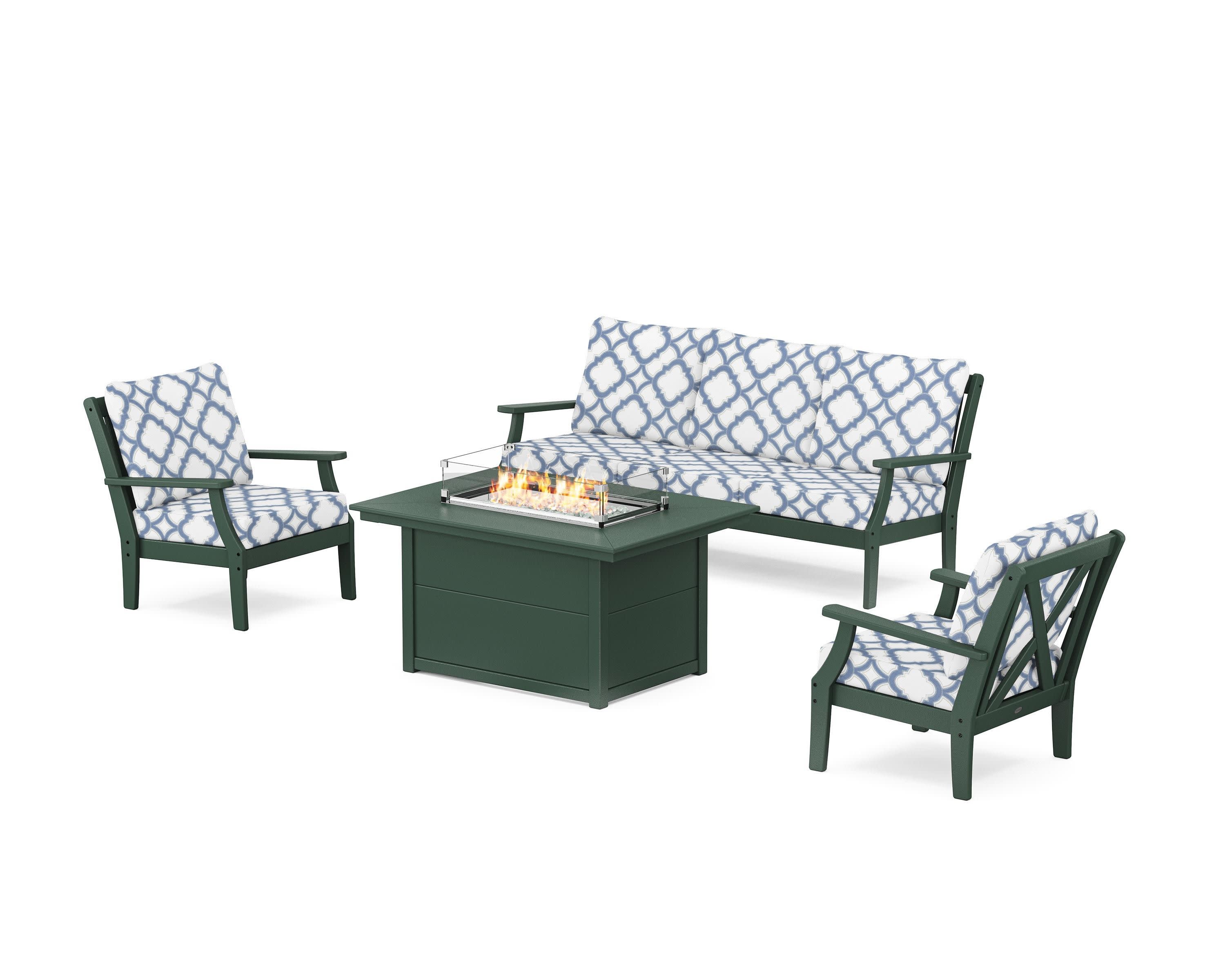 Braxton Deep Seating Fire Pit Table Set in Green / Trellis Sky Blue
