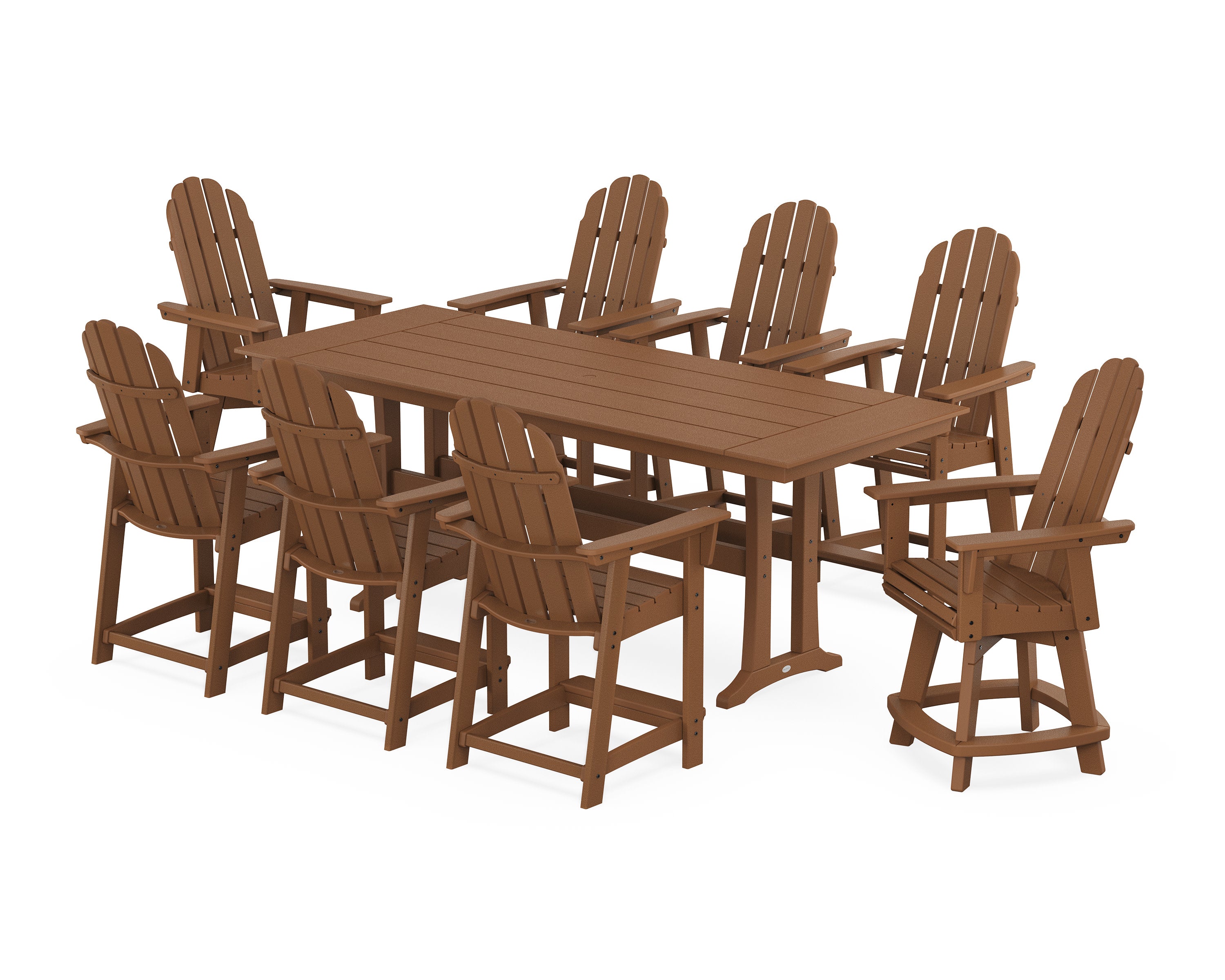 Vineyard Curveback Adirondack Swivel 9-Piece Farmhouse Counter Set with Trestle Legs in Teak