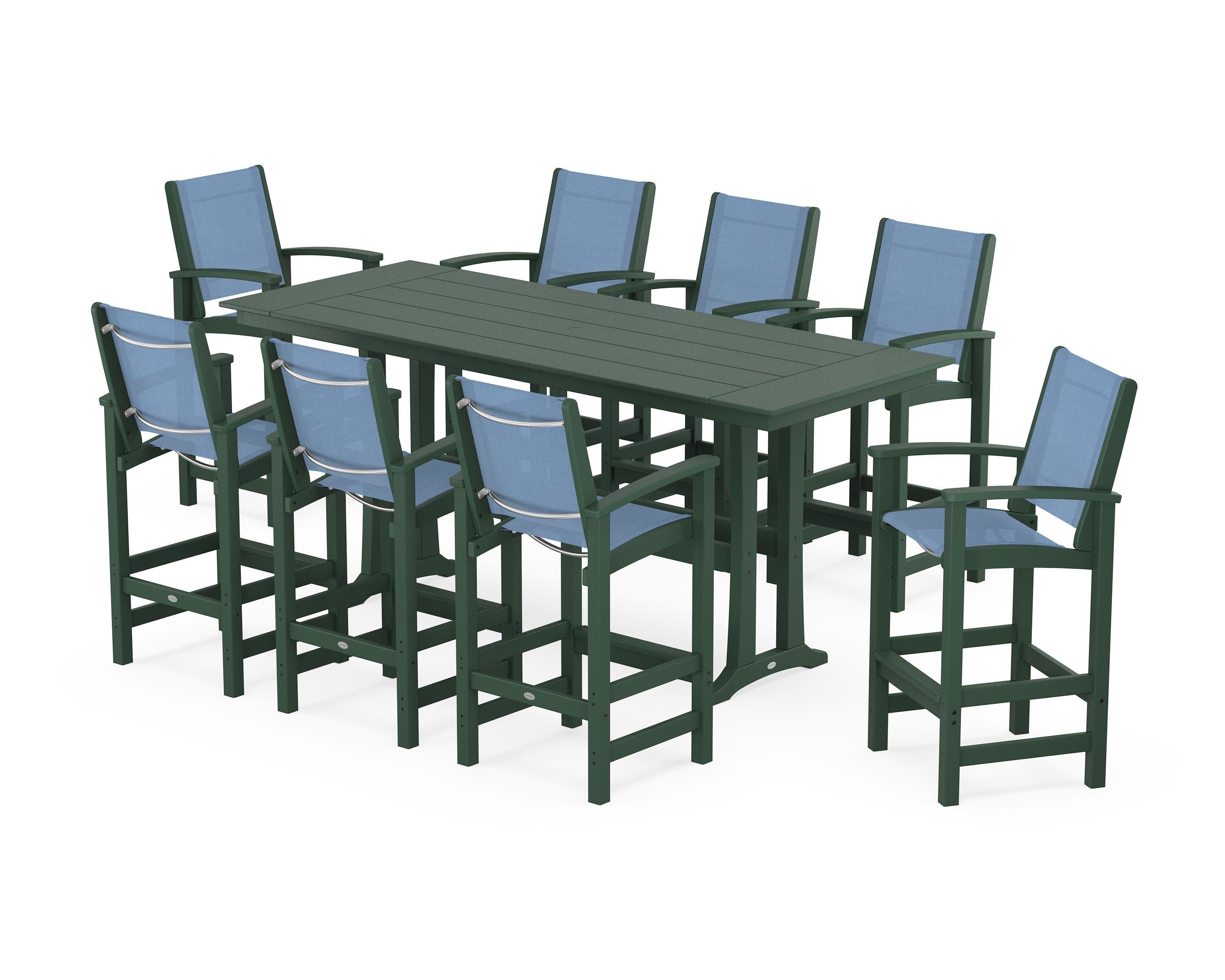 Coastal 9-Piece Farmhouse Bar Set with Trestle Legs in Green / Poolside Sling