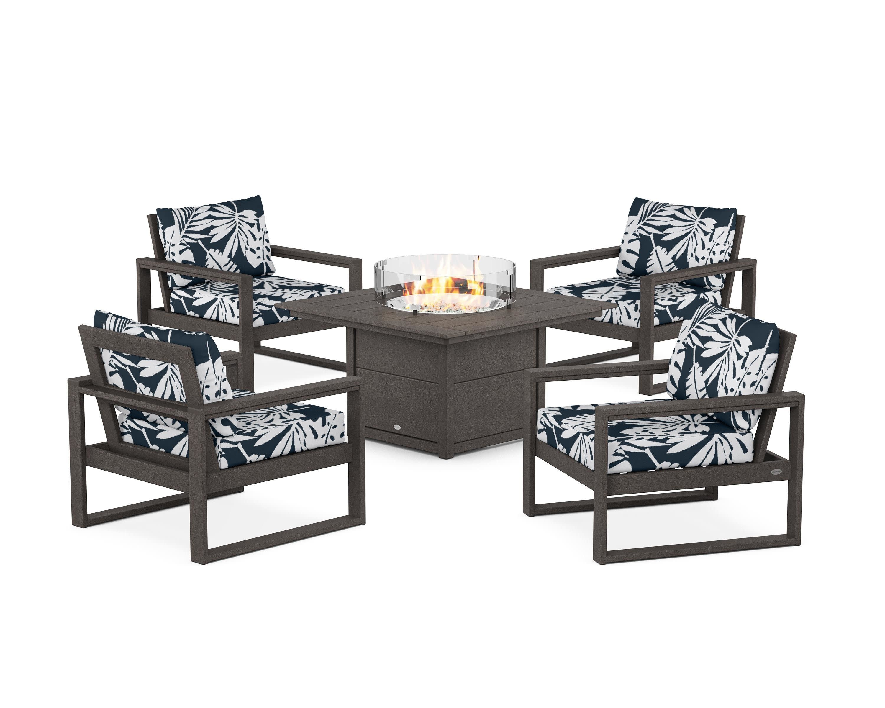 EDGE Sectional 5-Piece Deep Seating Set with Fire Pit Table in Vintage Coffee / Leaf Marine Indigo
