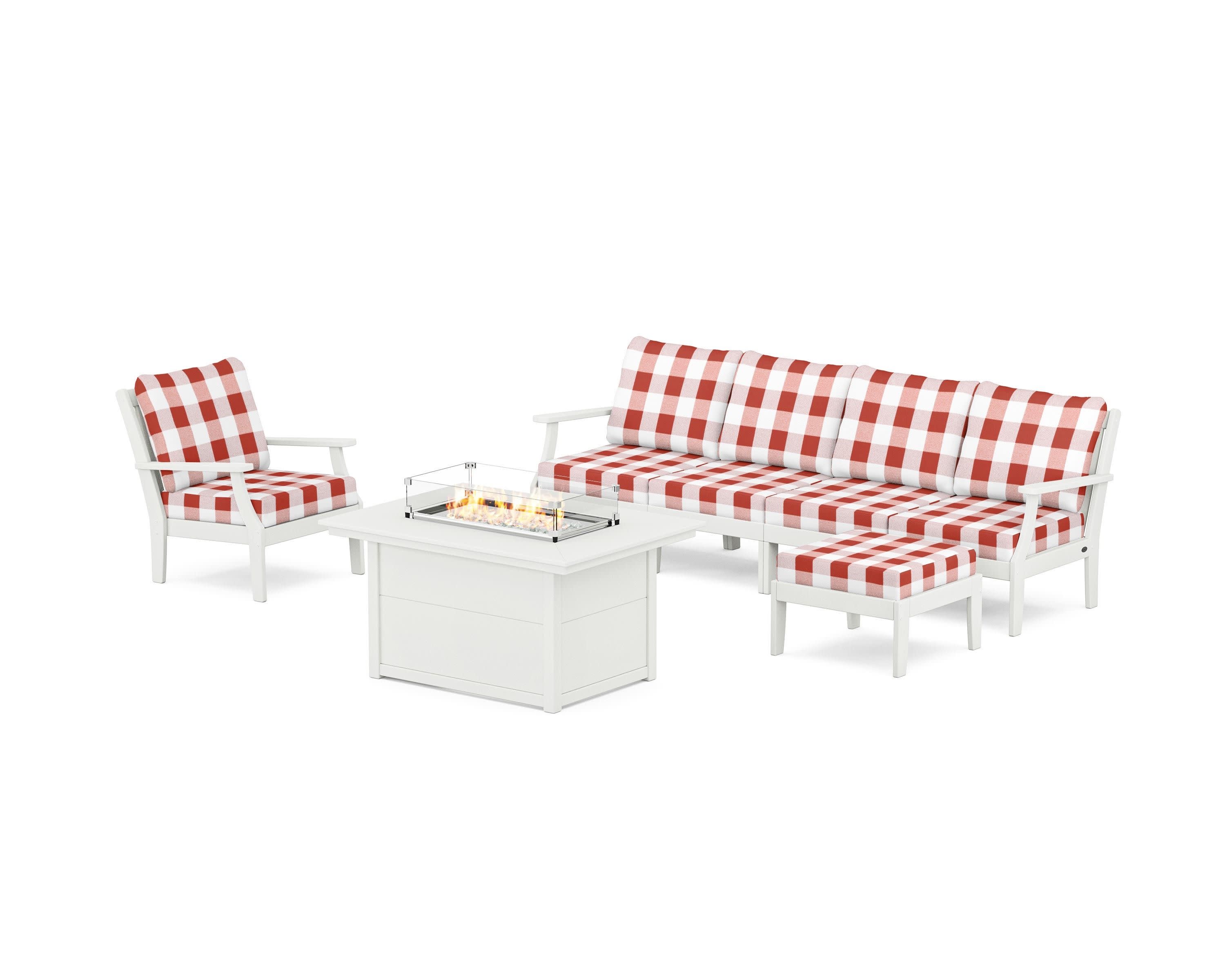 Braxton Sectional Lounge and Fire Pit Set in Vintage White / Buffalo Plaid Crimson
