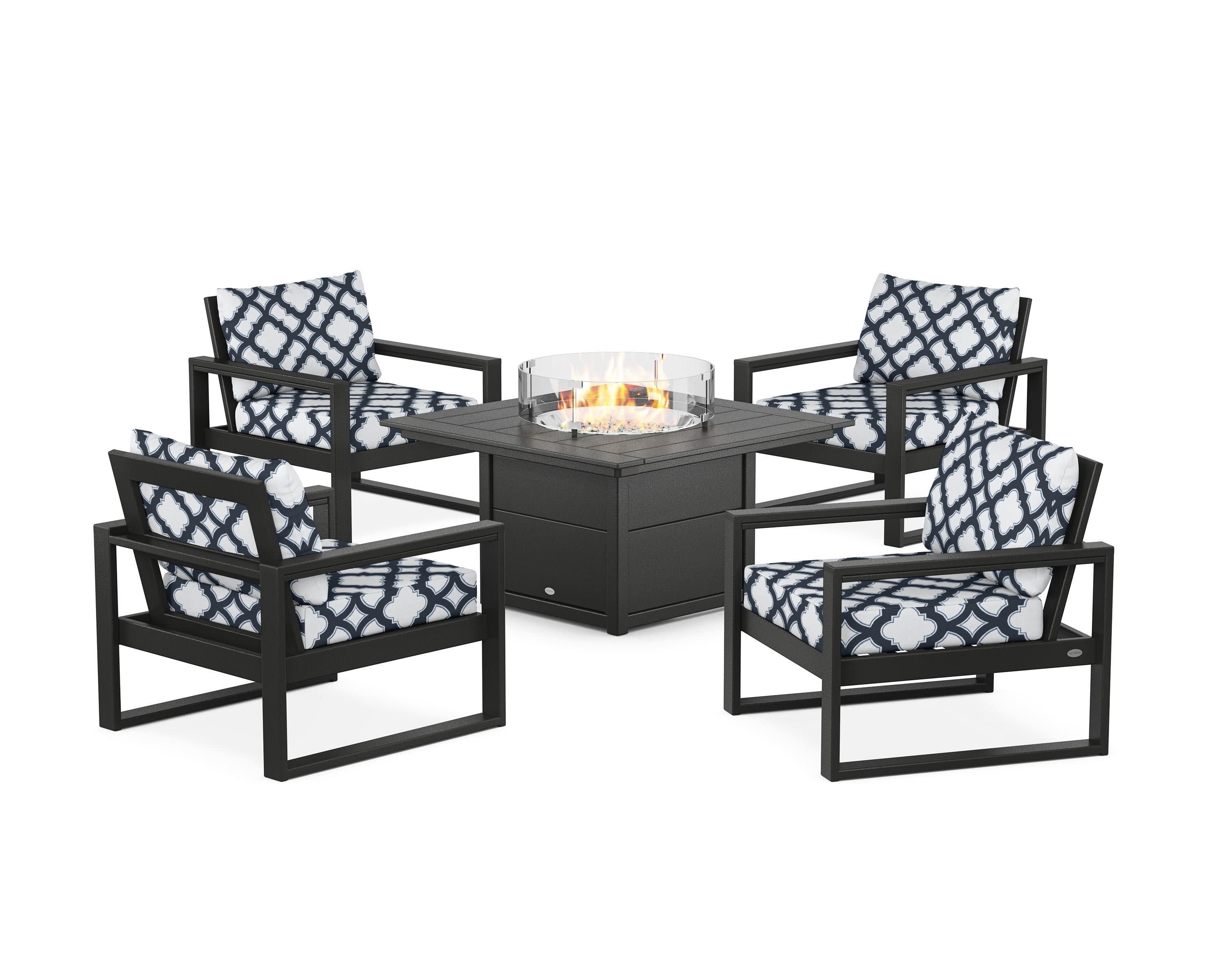 EDGE Sectional 5-Piece Deep Seating Set with Fire Pit Table in Black / Trellis Marine Indigo
