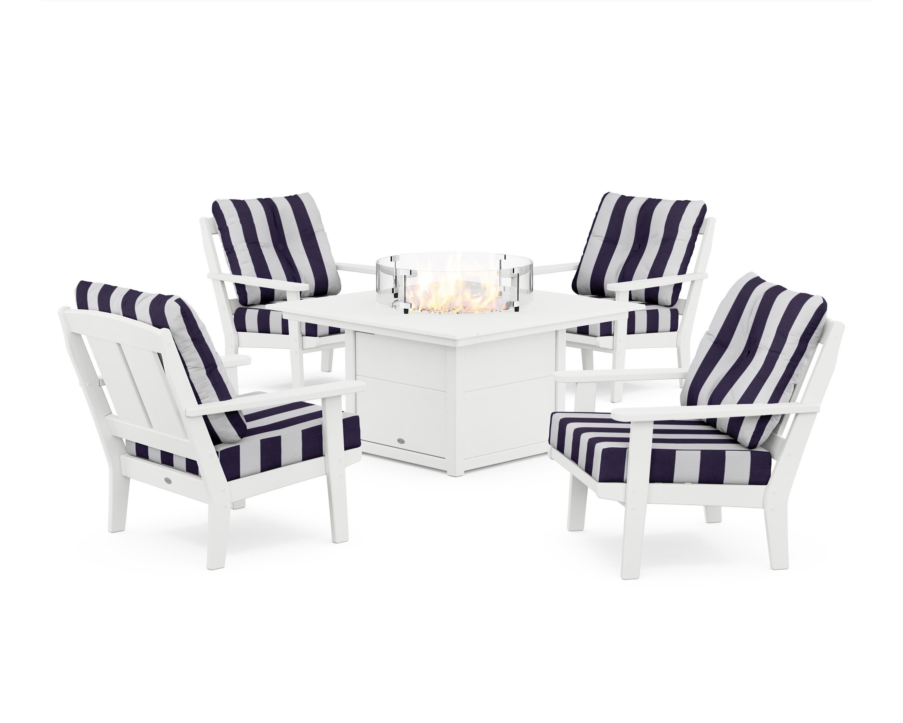 Mission 5-Piece Deep Seating Set with Fire Pit Table in White / Cabana Stripe Navy