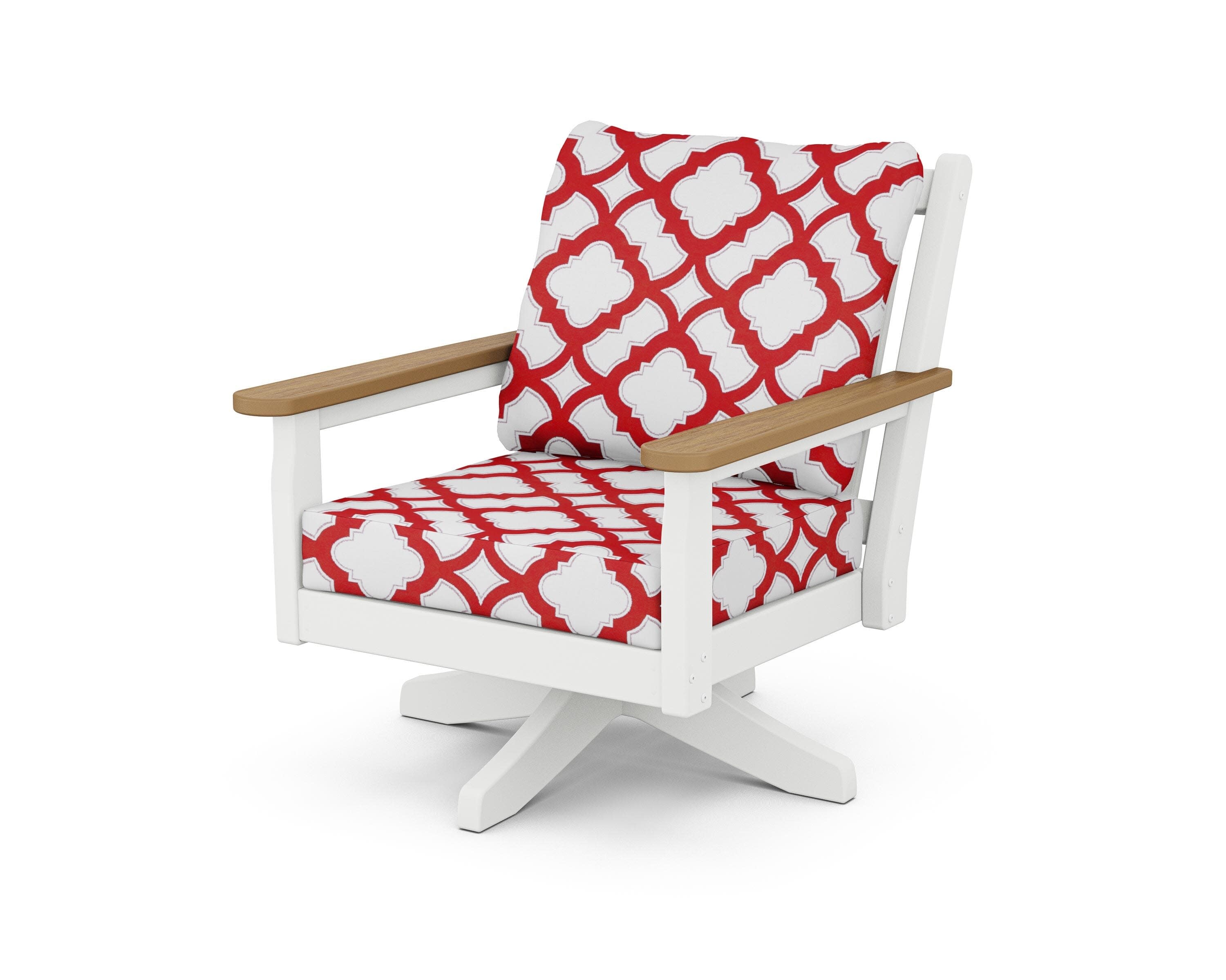 Chippendale Deep Seating Swivel Chair in White / Natural / Trellis Crimson