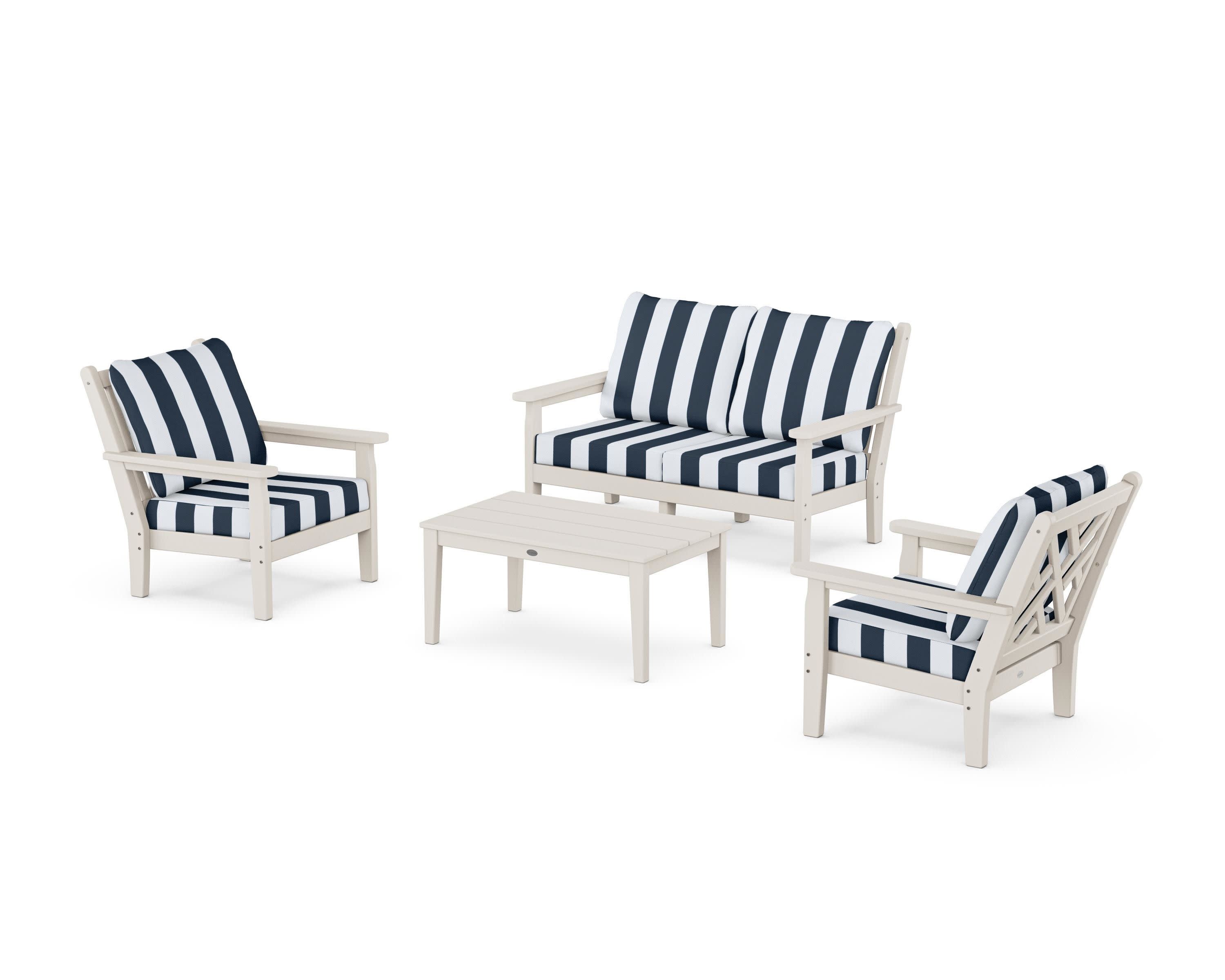 Chippendale 4-Piece Deep Seating Set with Loveseat in Sand / Cabana Stripe Marine Indigo