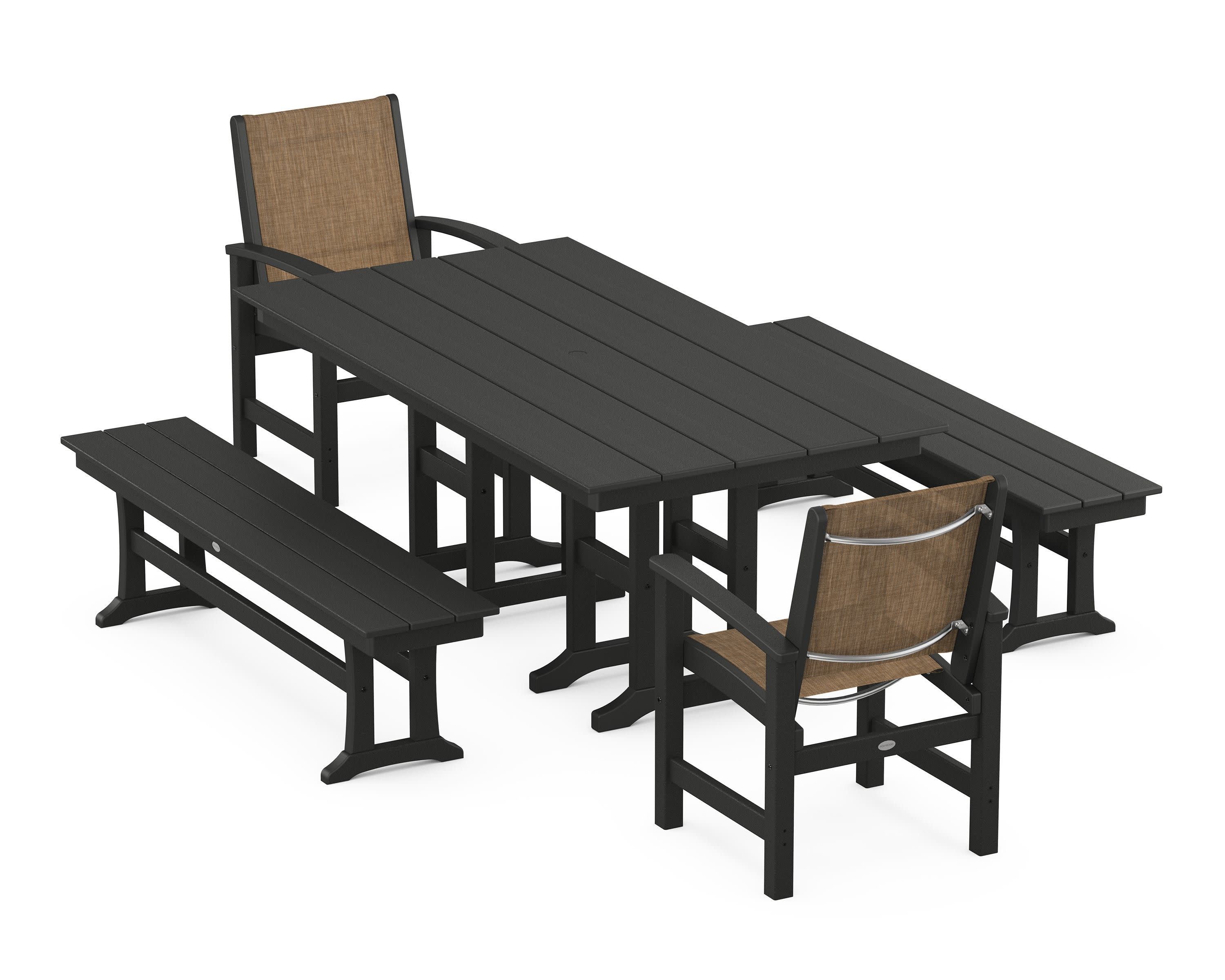 Coastal 5-Piece Farmhouse Dining Set in Black / Burlap Sling