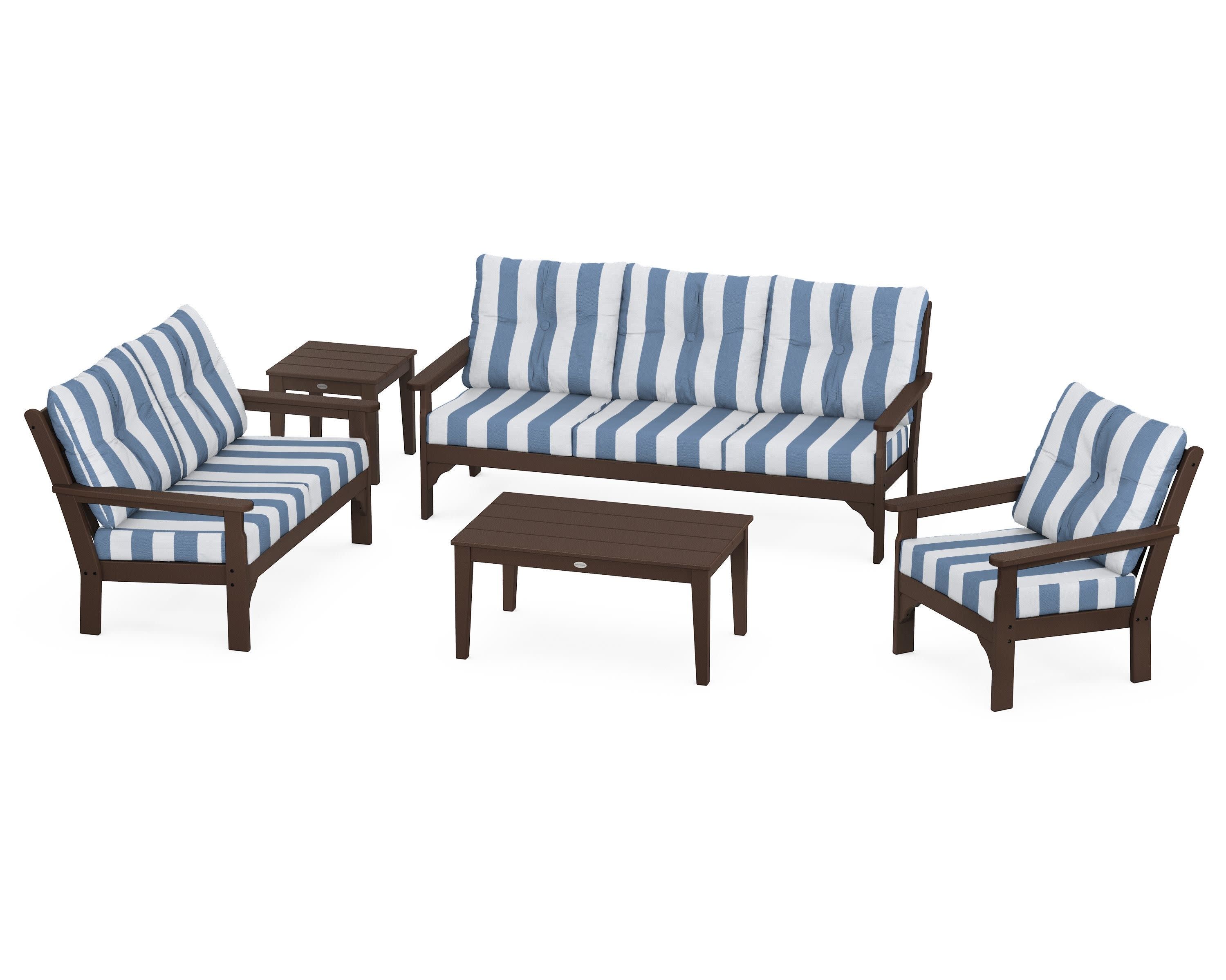 Vineyard 5 Piece Deep Seating Set in Mahogany / Cabana Stripe Sky Blue