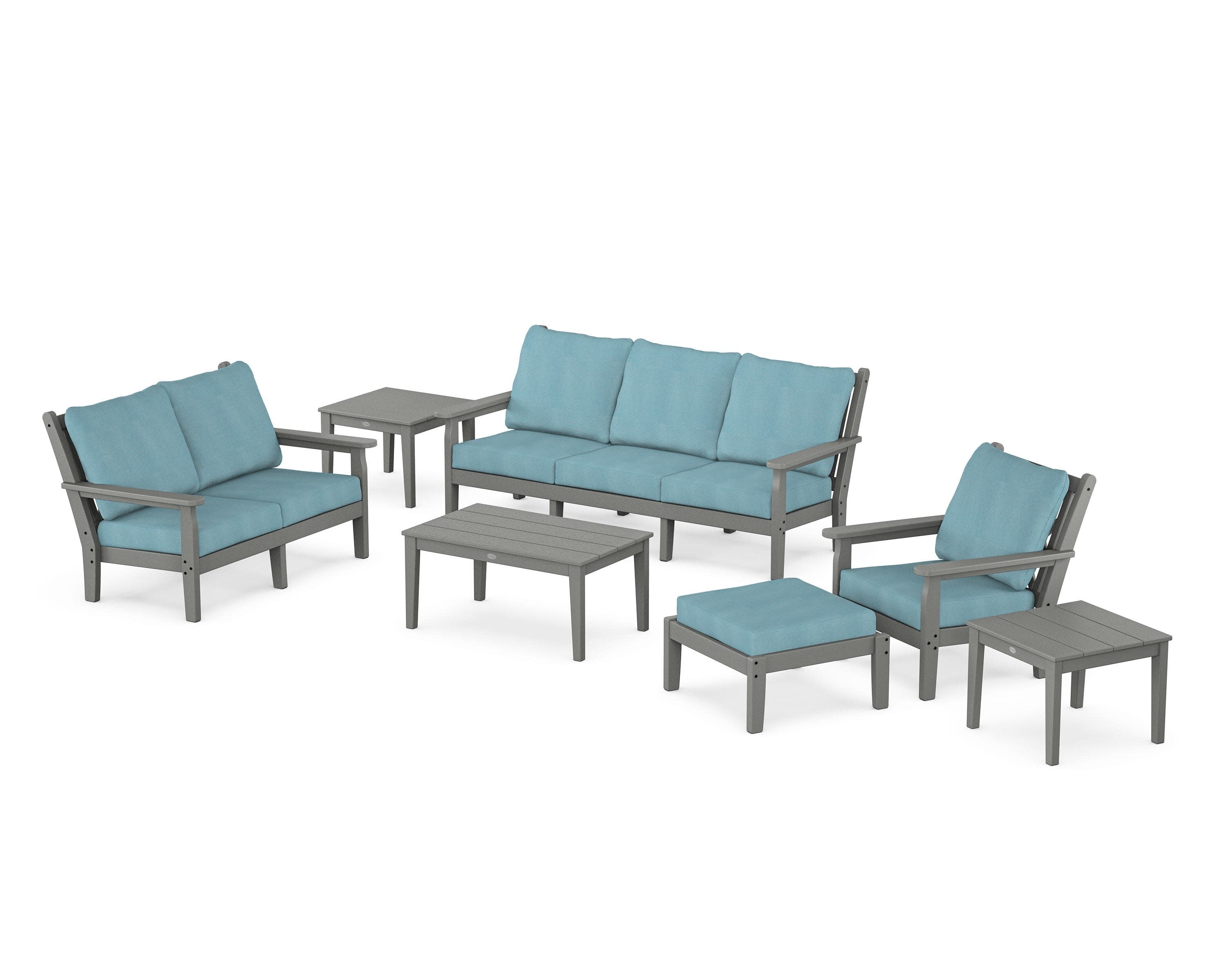 Chippendale 7-Piece Deep Seating Set in Slate Grey / Lattice Sky Blue