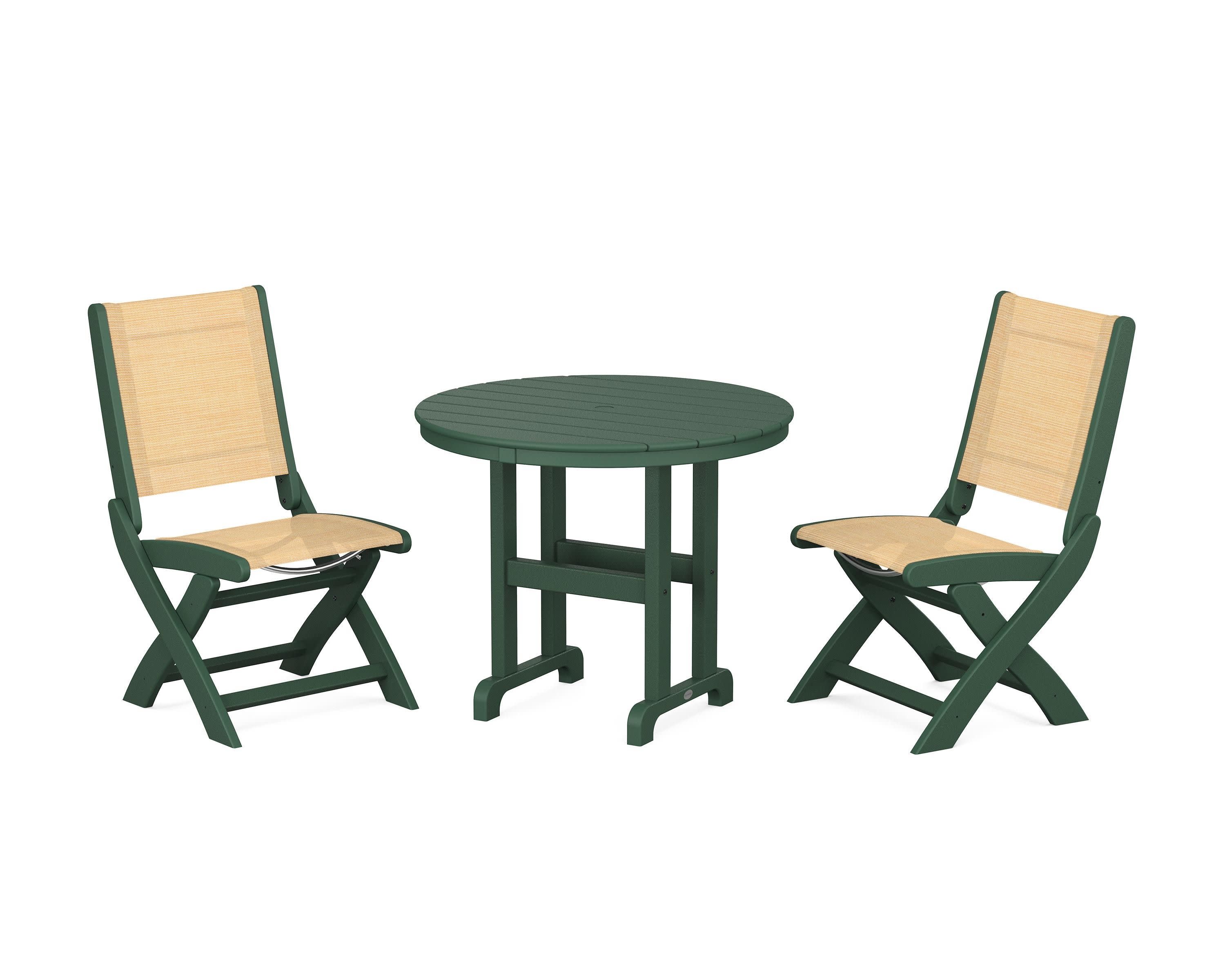 Coastal Folding Side Chair 3-Piece Round Dining Set in Green / Dupioni Apricot Sling