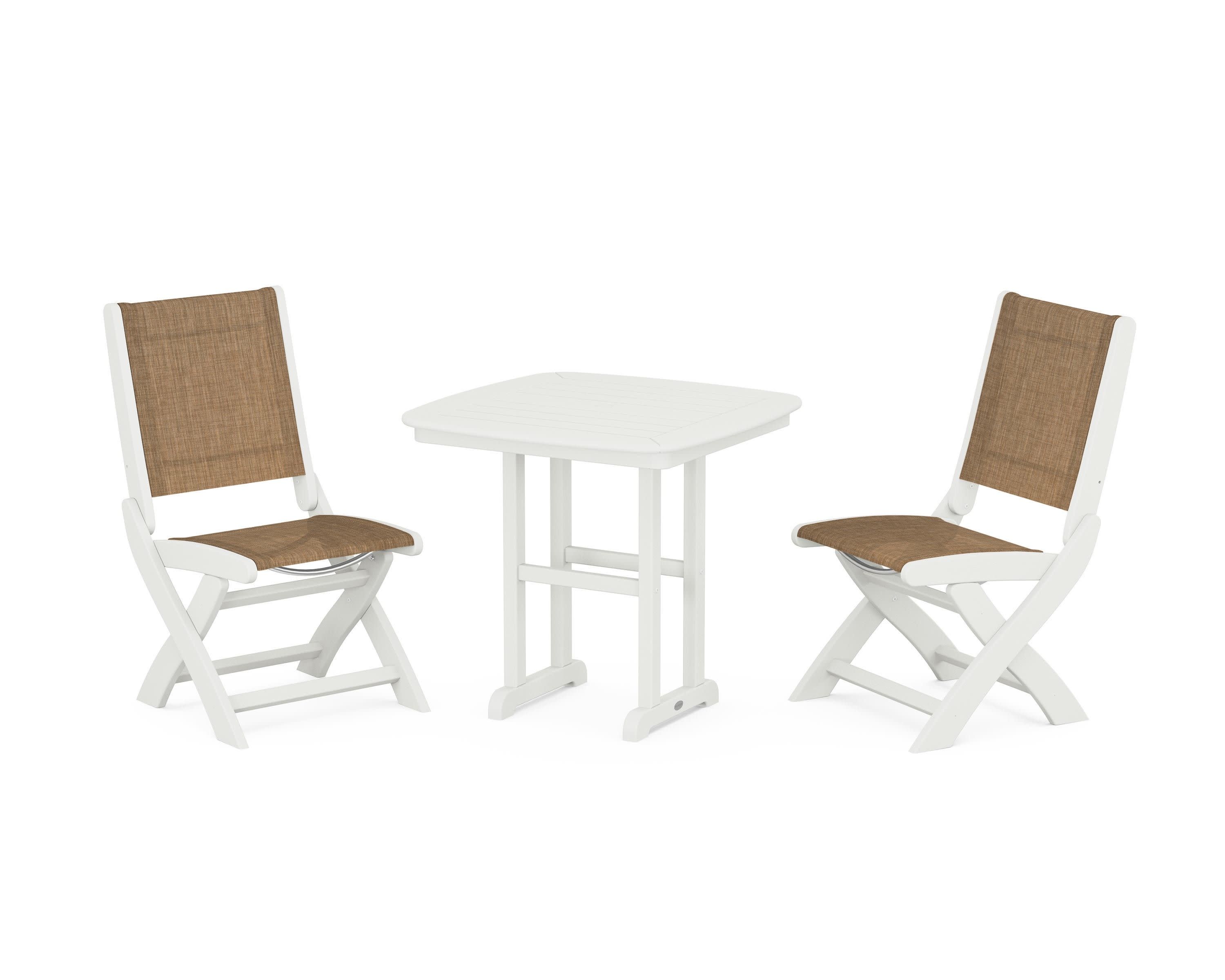 Coastal Folding Side Chair 3-Piece Dining Set in Vintage White / Burlap Sling