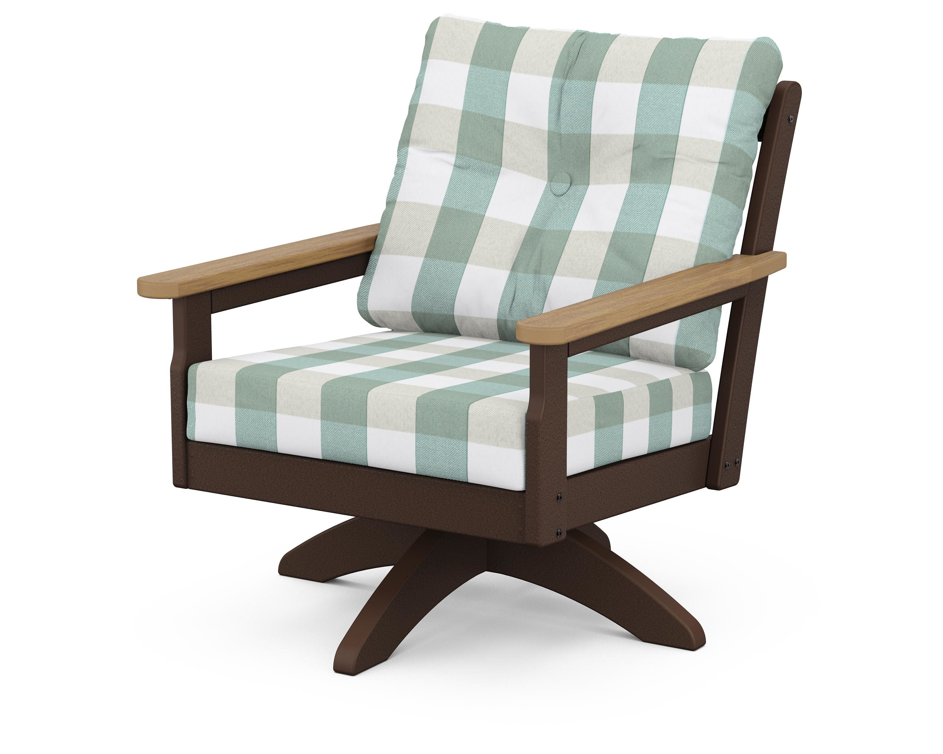 Vineyard Deep Seating Swivel Chair in Mahogany / Natural / Buffalo Plaid Glacier Spa