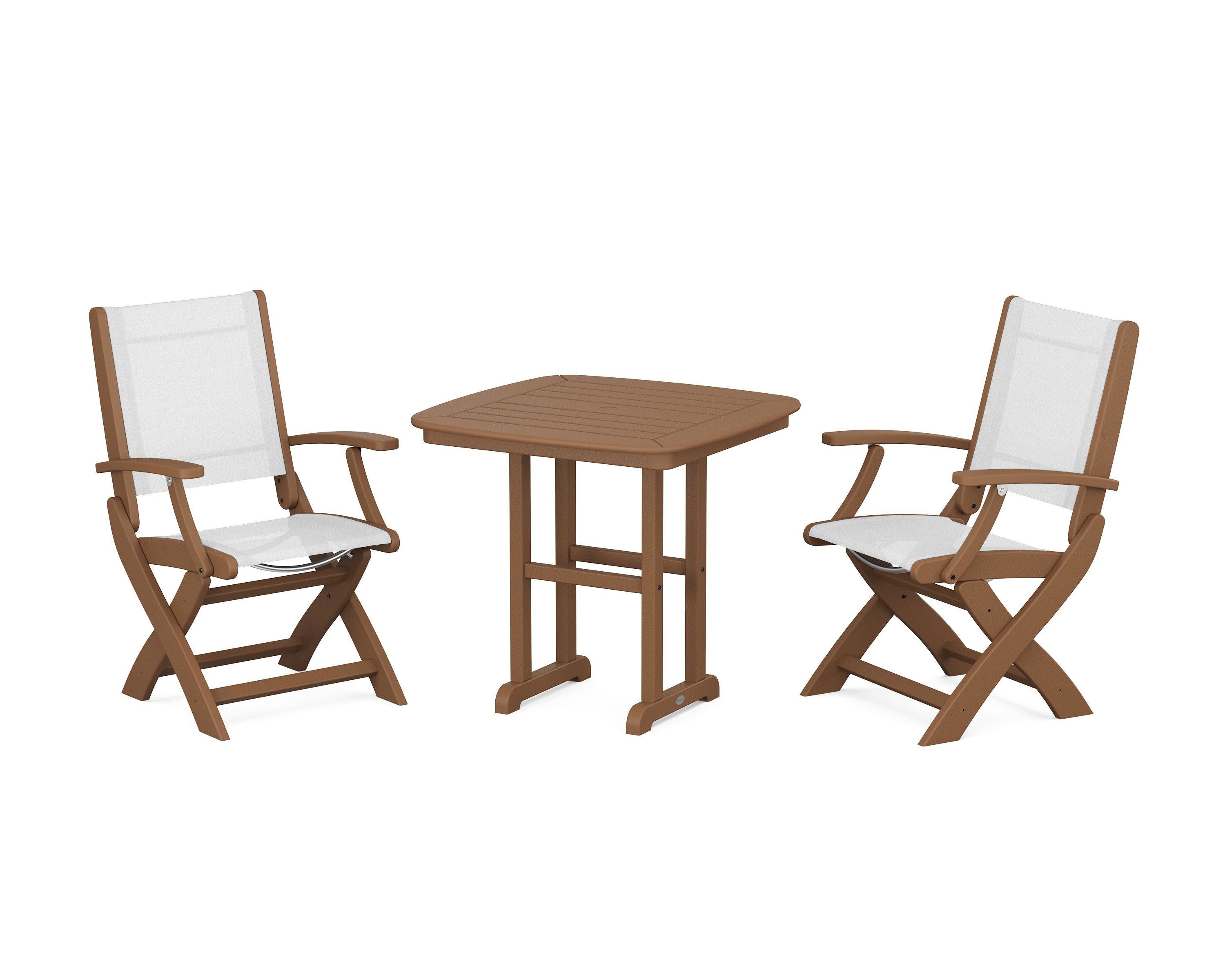 Coastal Folding Chair 3-Piece Dining Set in Teak / White Sling