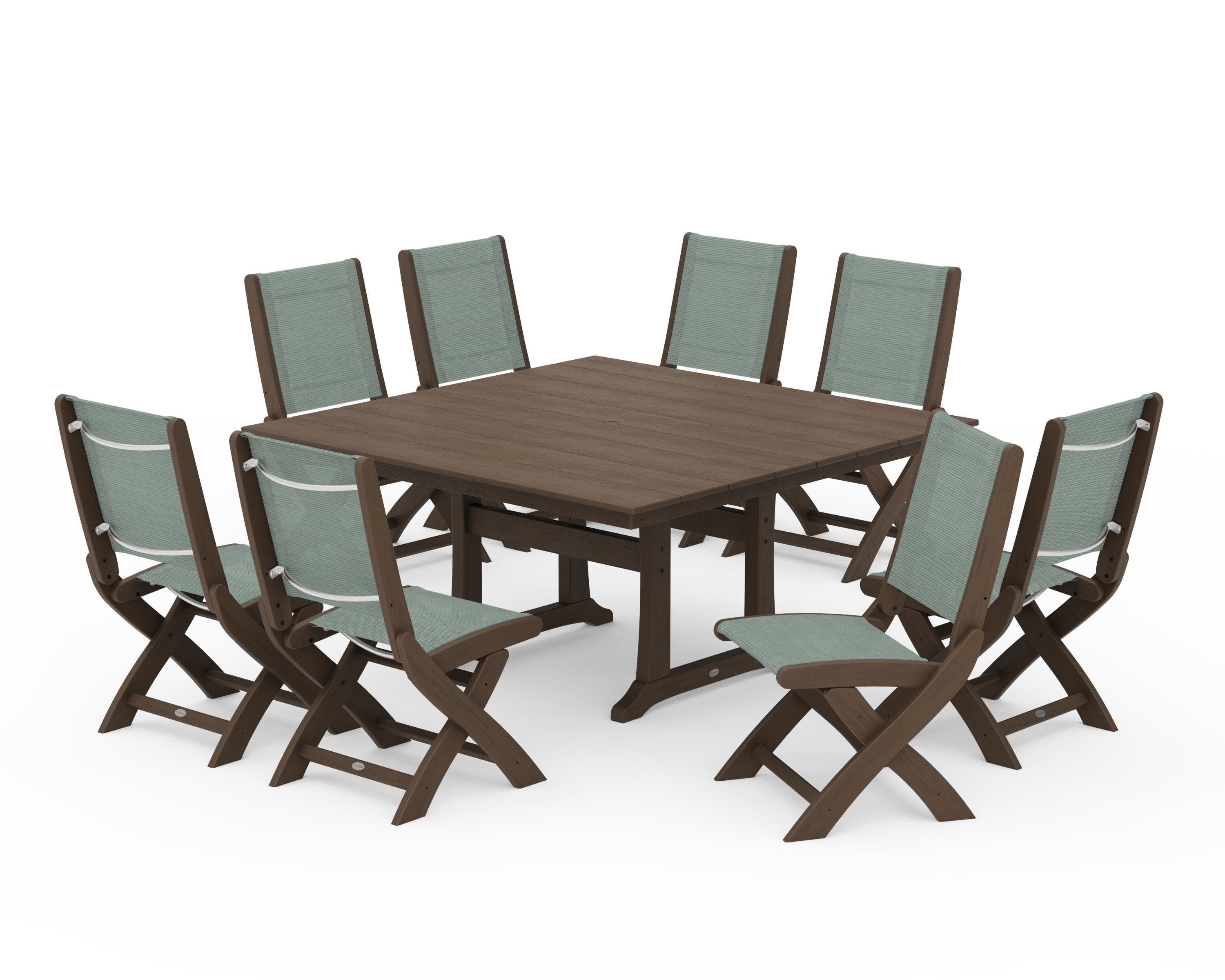 Coastal Folding Side Chair 9-Piece Farmhouse Dining Set in Kona / Dupioni Sea Mist Sling