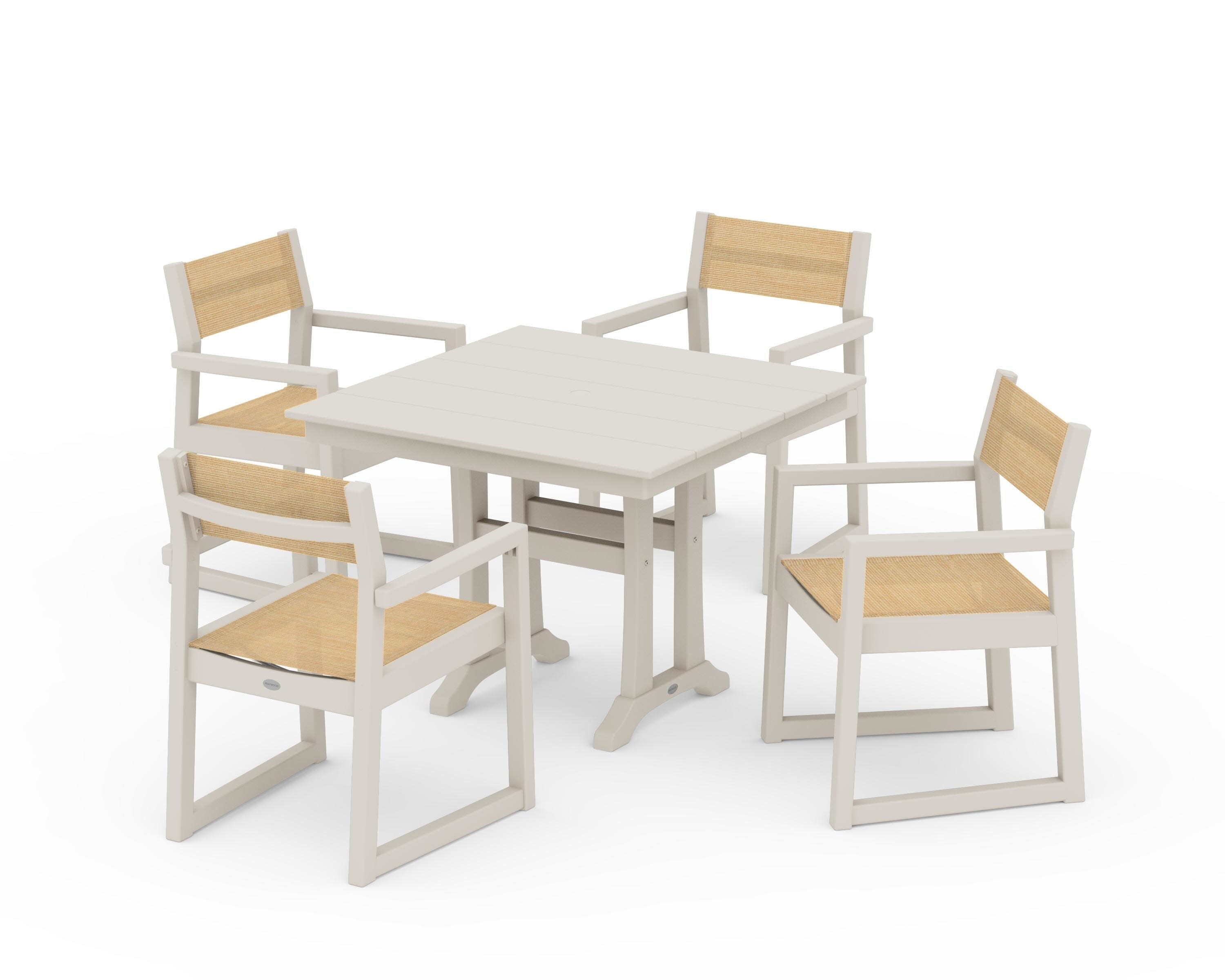 EDGE Sling 5-Piece Farmhouse Dining Set with Trestle Legs in Sand / Dupioni Apricot Sling