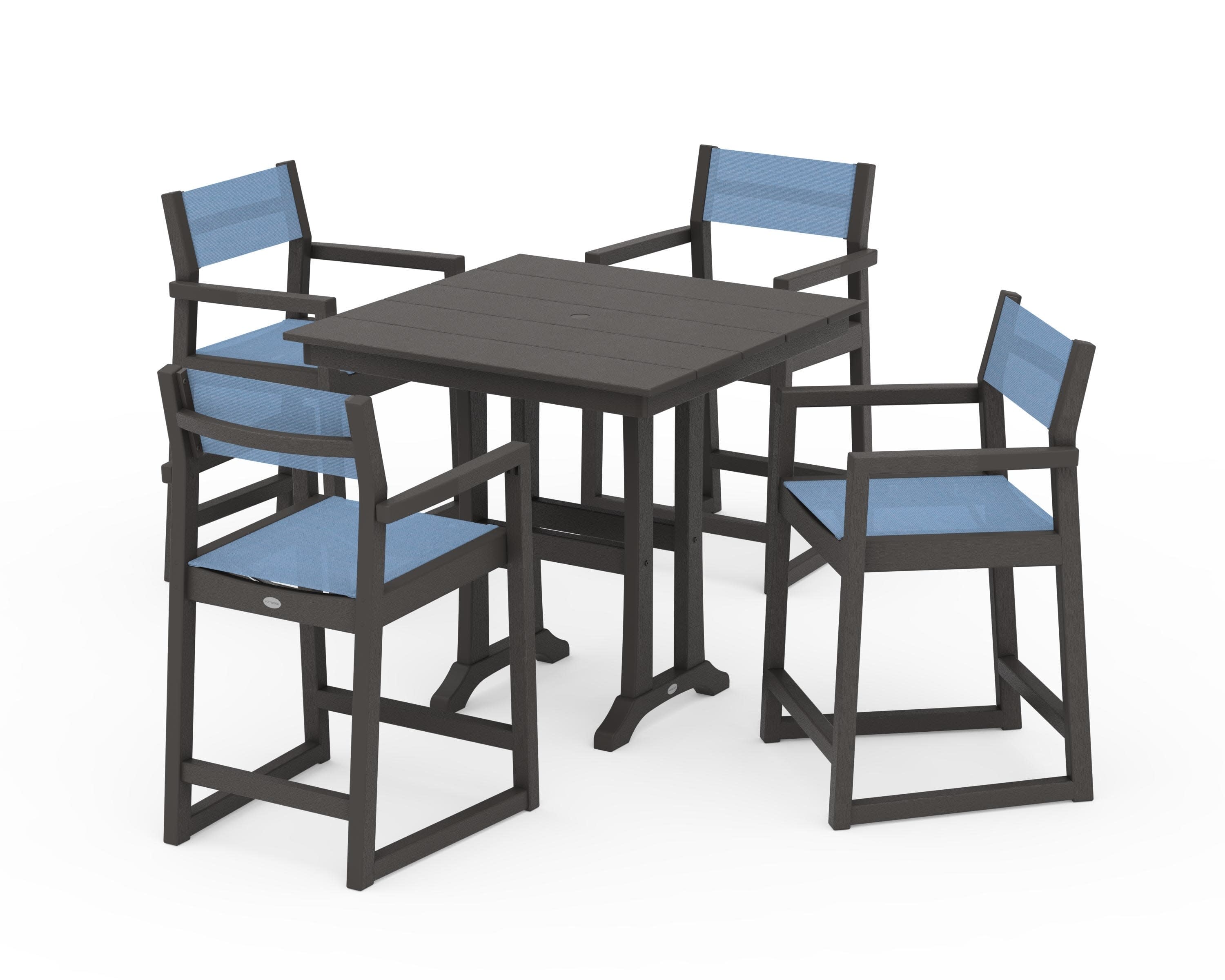 EDGE Sling Arm Chair 5-Piece Farmhouse Counter Set with Trestle Legs in Vintage Coffee / Poolside Sling