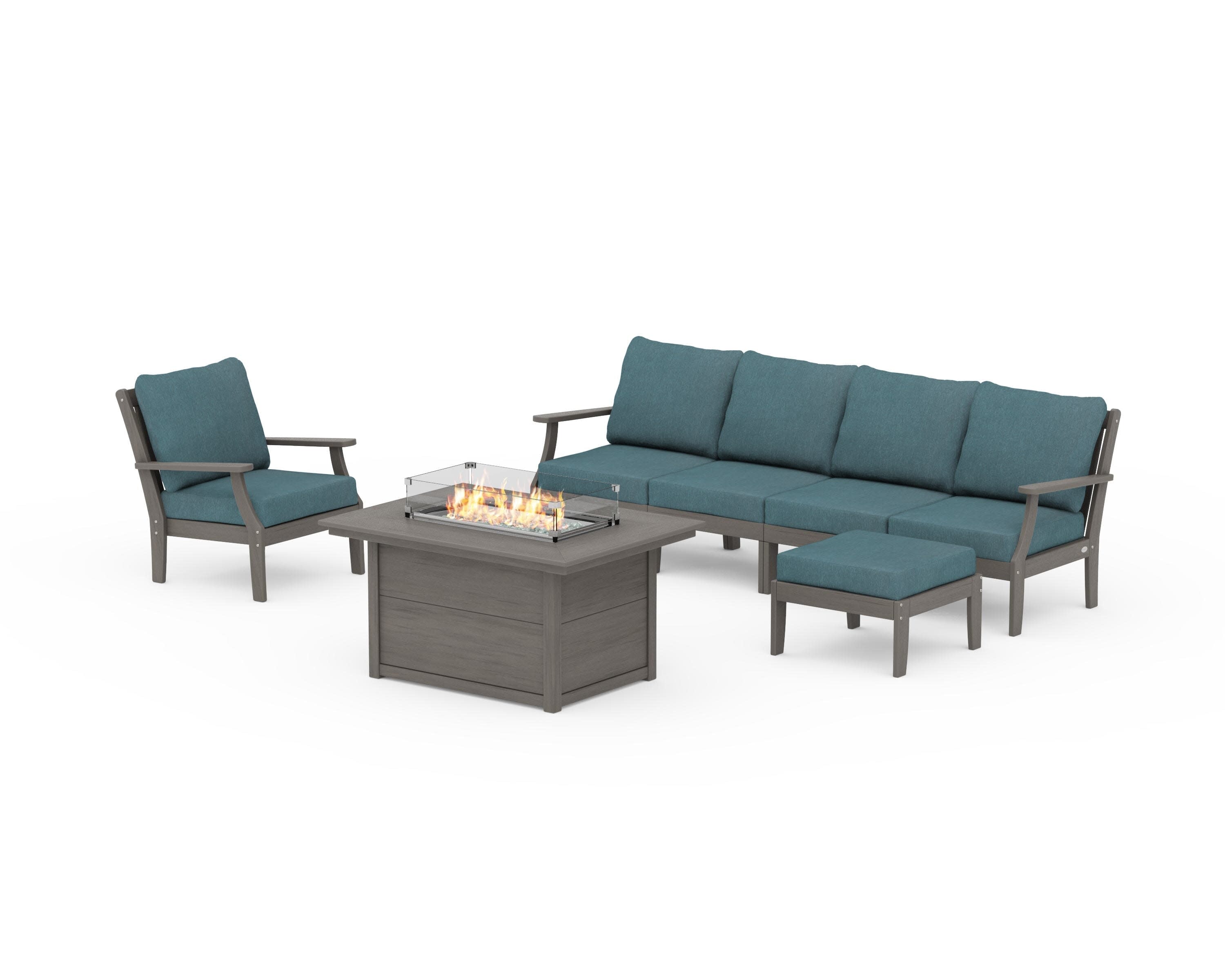Braxton Sectional Lounge and Fire Pit Set in Driftwood / Ocean Teal