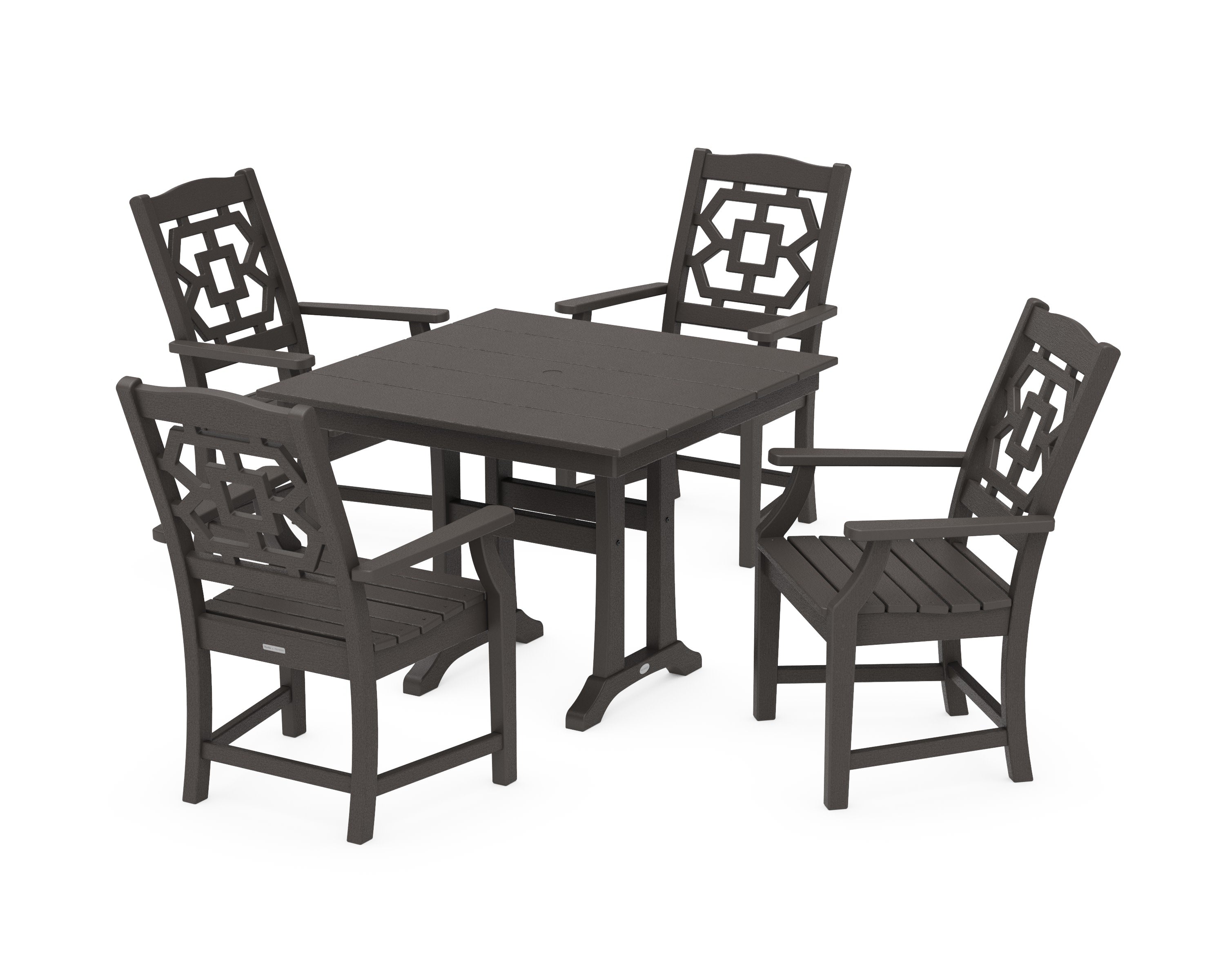 Chinoiserie 5-Piece Farmhouse Dining Set with Trestle Legs in Vintage Coffee