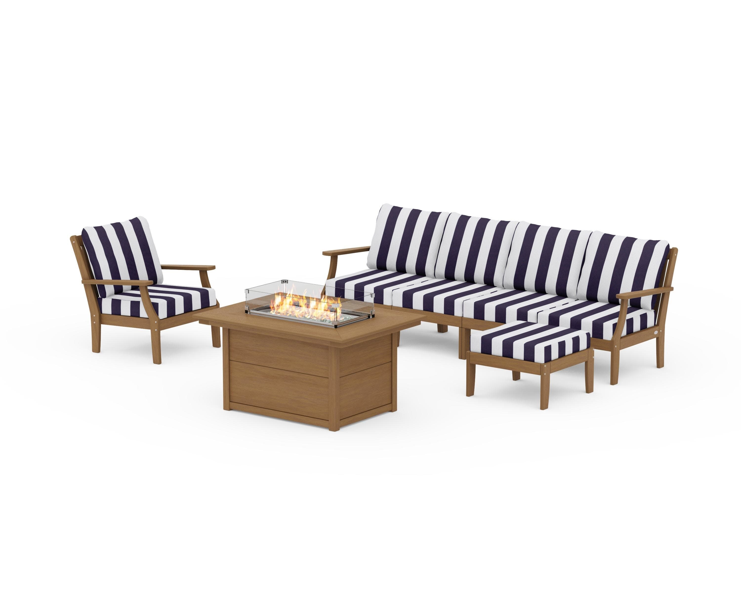Braxton Sectional Lounge and Fire Pit Set in Natural / Cabana Stripe Navy