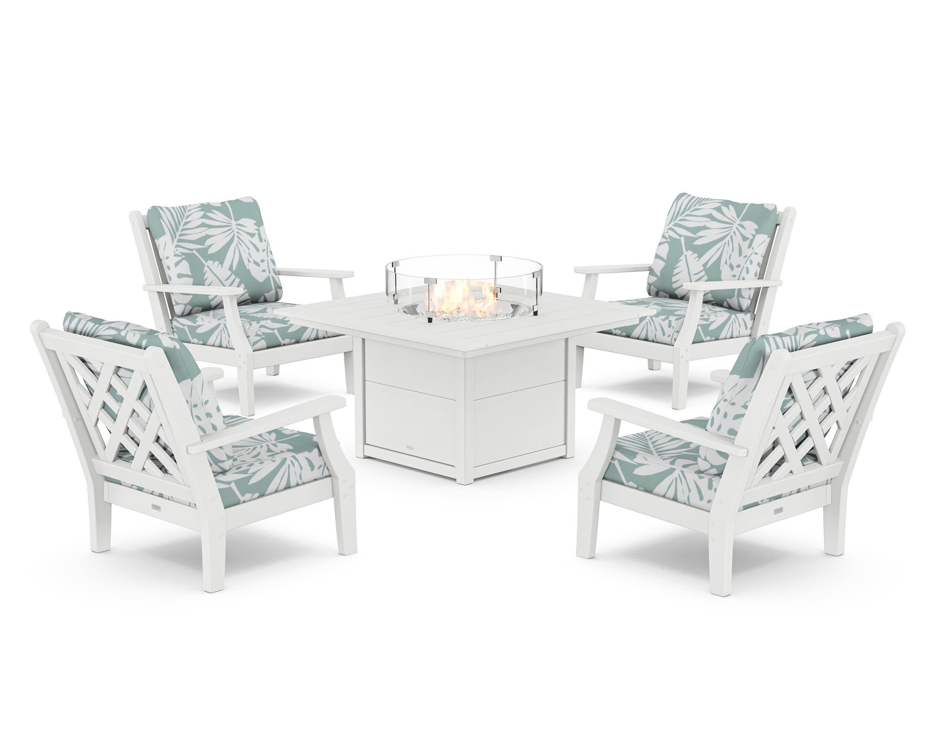 Wovendale 5-Piece Deep Seating Set with Fire Pit Table in White / Leaf Glacier Spa