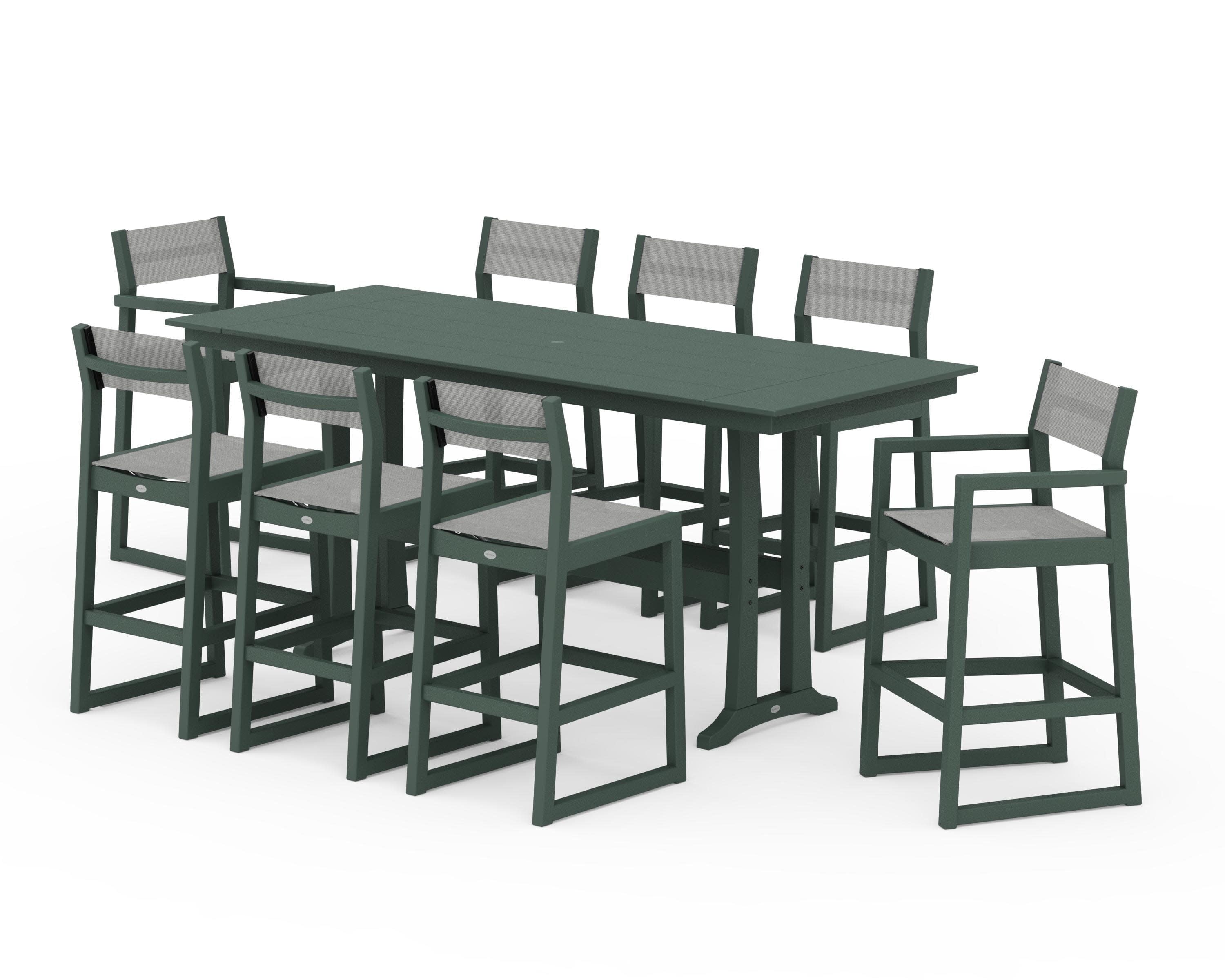 EDGE Sling 9-Piece Farmhouse Bar Set with Trestle Legs in Green / Metallic Sling