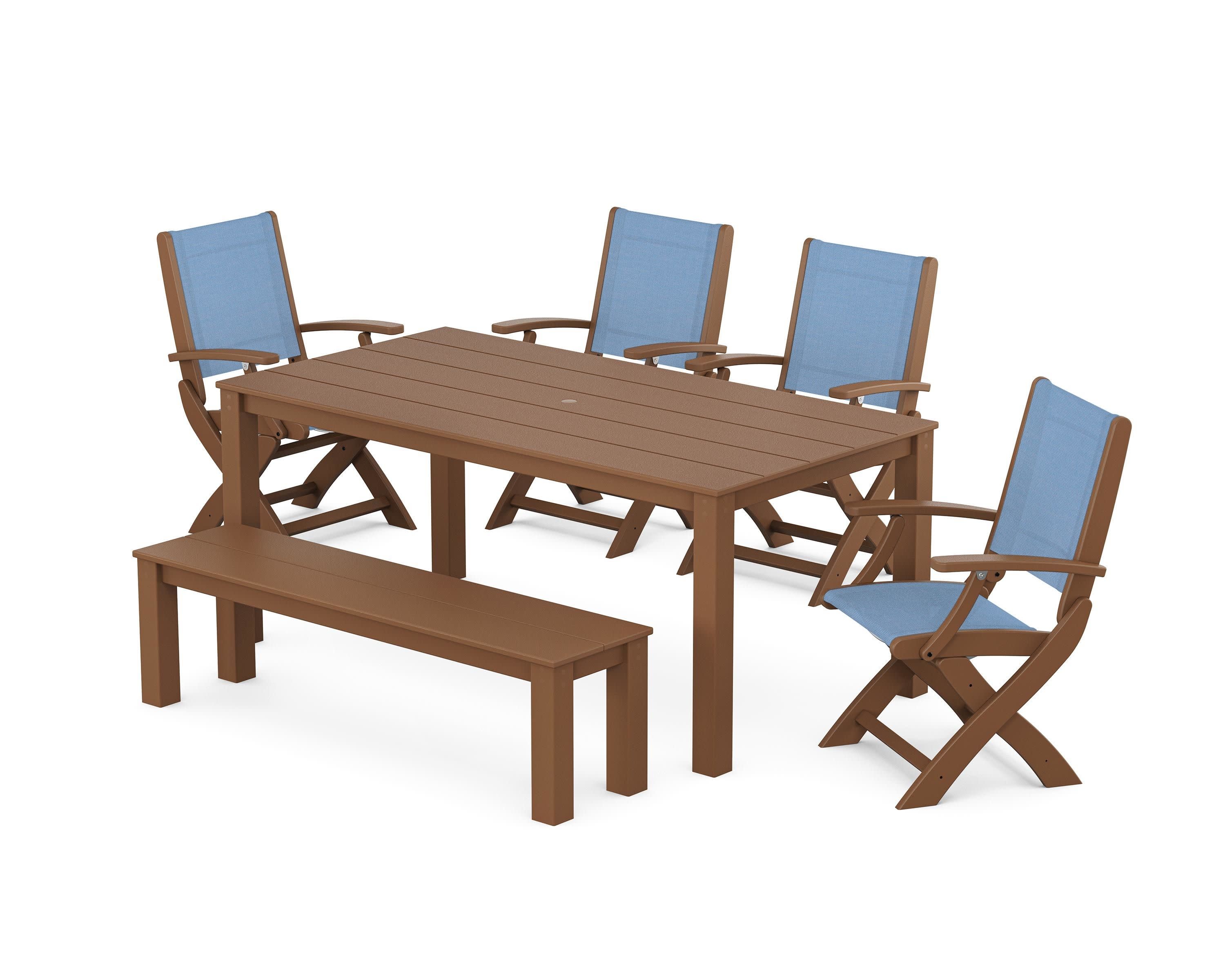 Coastal Folding Chair 6-Piece Parsons Dining Set with Bench in Teak / Poolside Sling