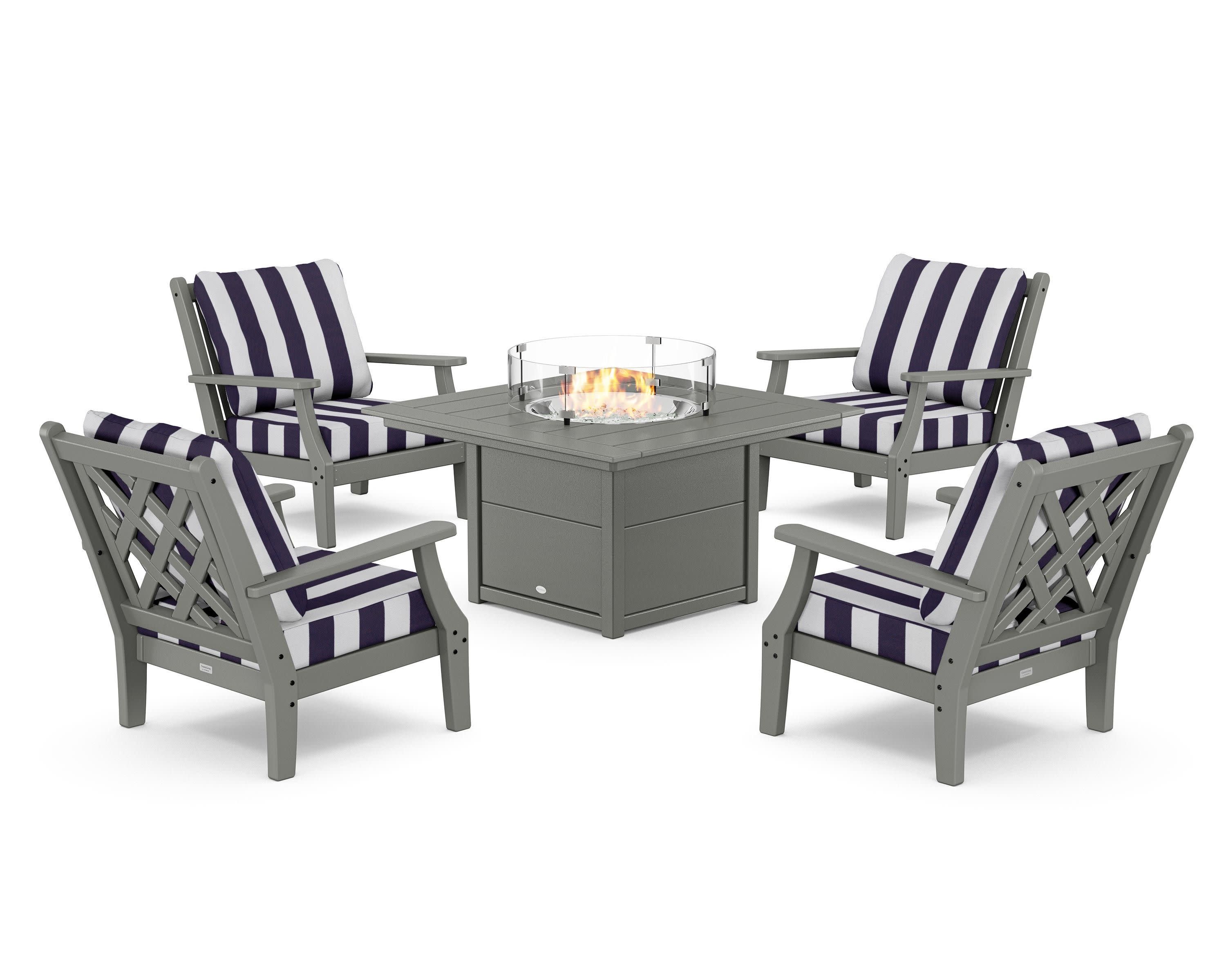 Wovendale 5-Piece Deep Seating Set with Fire Pit Table in Slate Grey / Cabana Stripe Navy