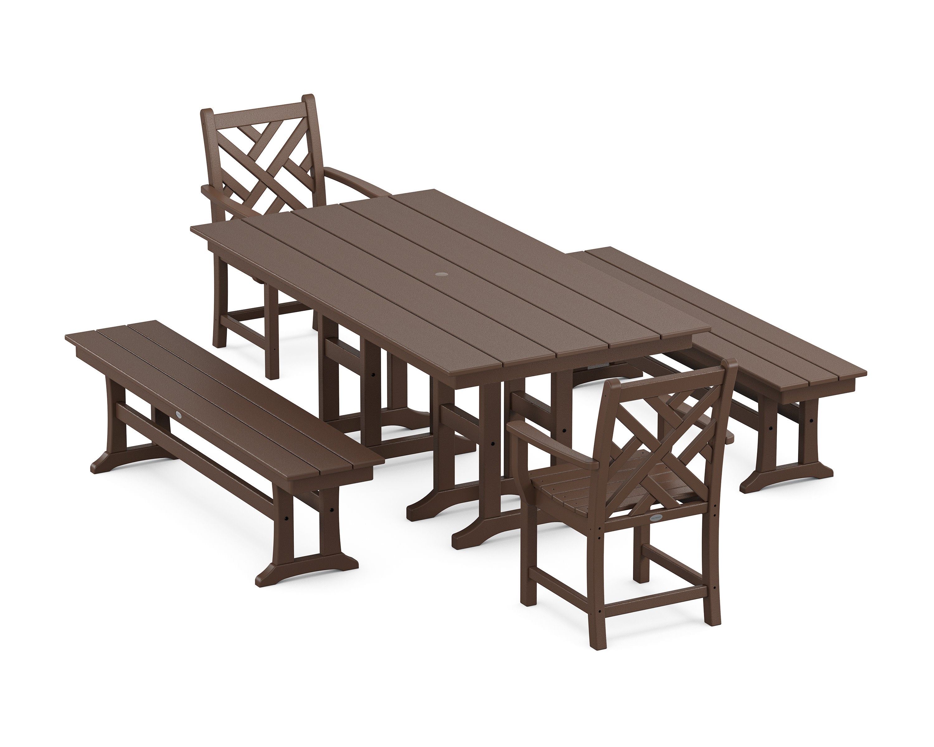 Chippendale 5-Piece Farmhouse Dining Set with Benches in Mahogany