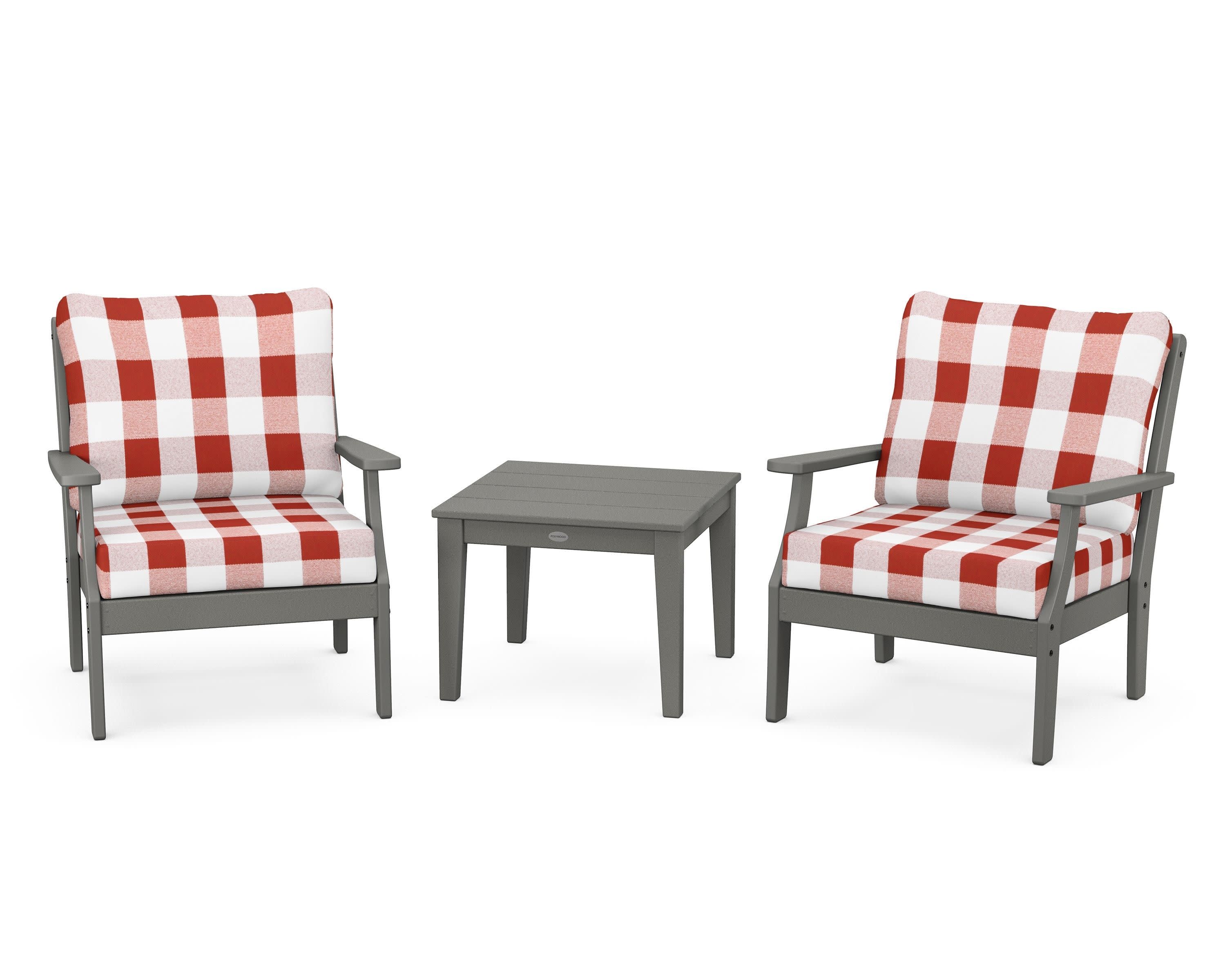 Braxton 3-Piece Deep Seating Set in Slate Grey / Buffalo Plaid Crimson