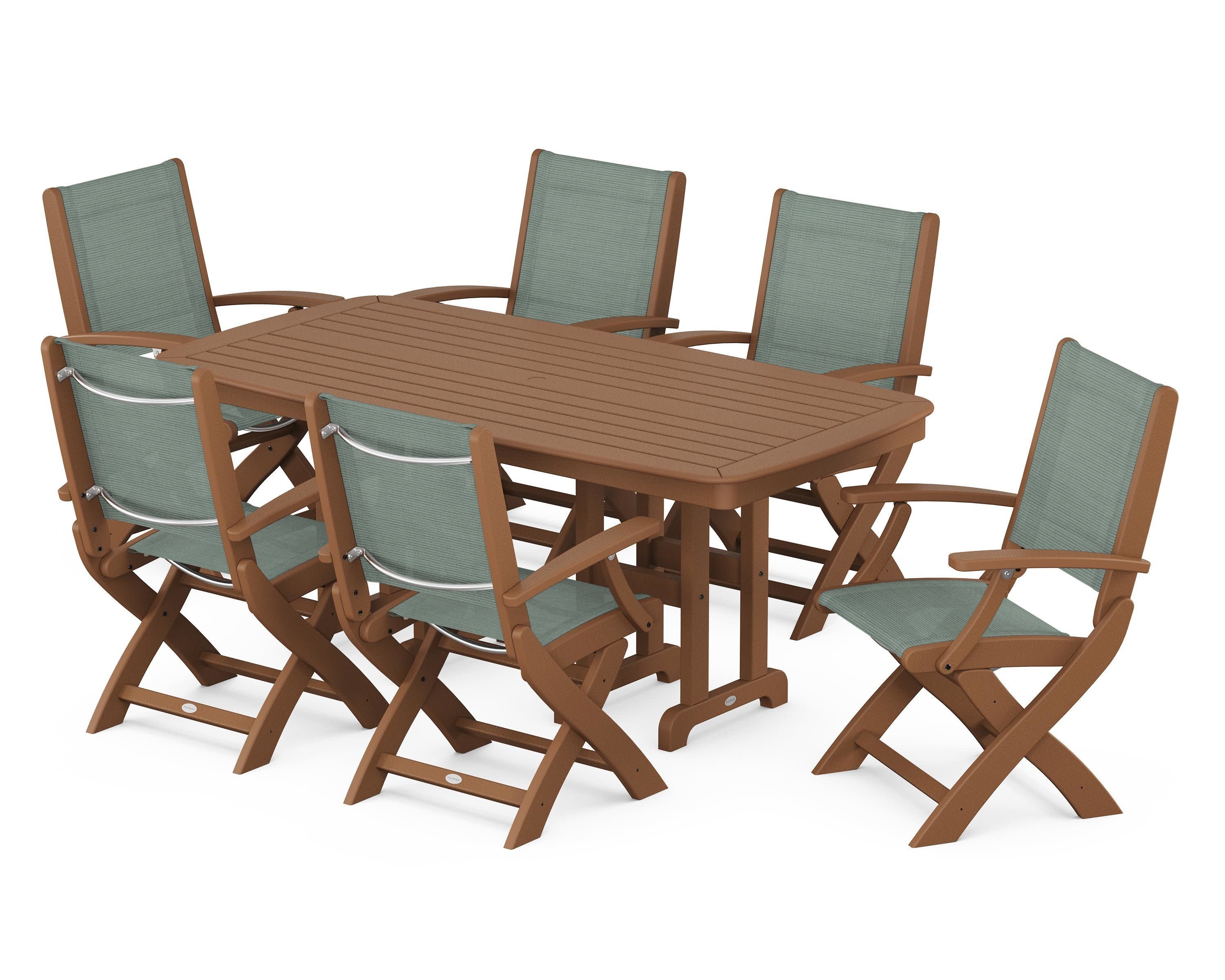 Coastal Folding Arm Chair 7-Piece Dining Set in Teak / Dupioni Sea Mist Sling
