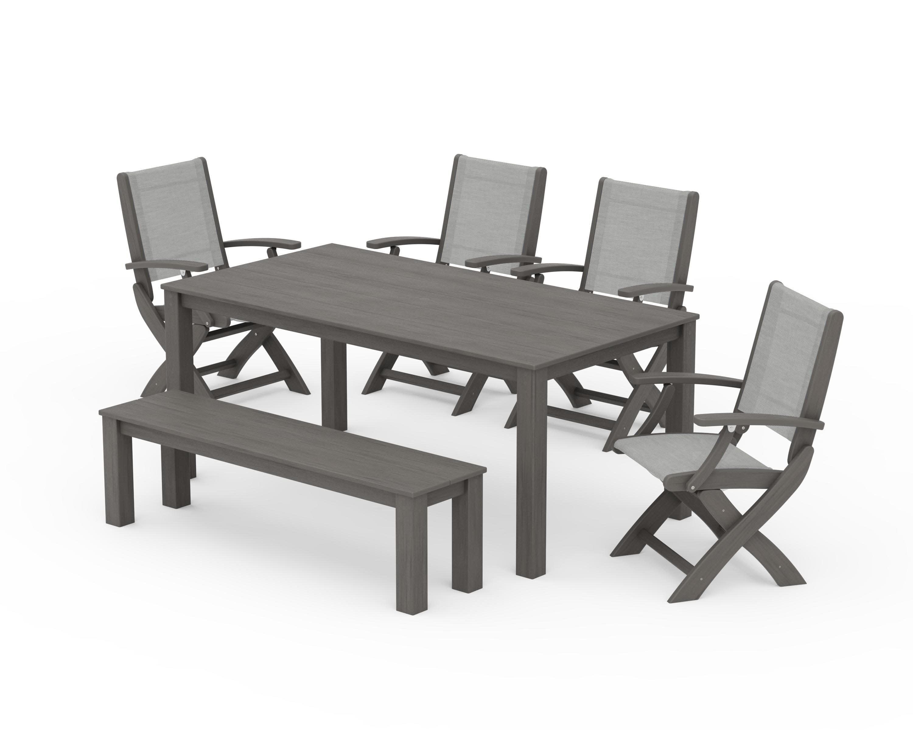 Coastal Folding Chair 6-Piece Parsons Dining Set with Bench in Driftwood / Metallic Sling