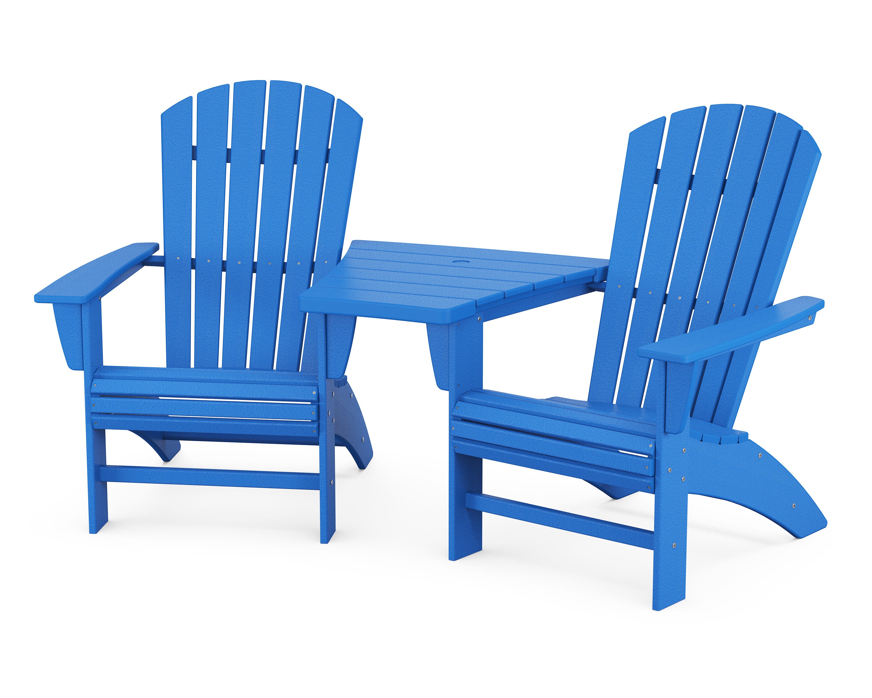 Nautical 3-Piece Curveback Adirondack Set with Angled Connecting Table in Pacific Blue