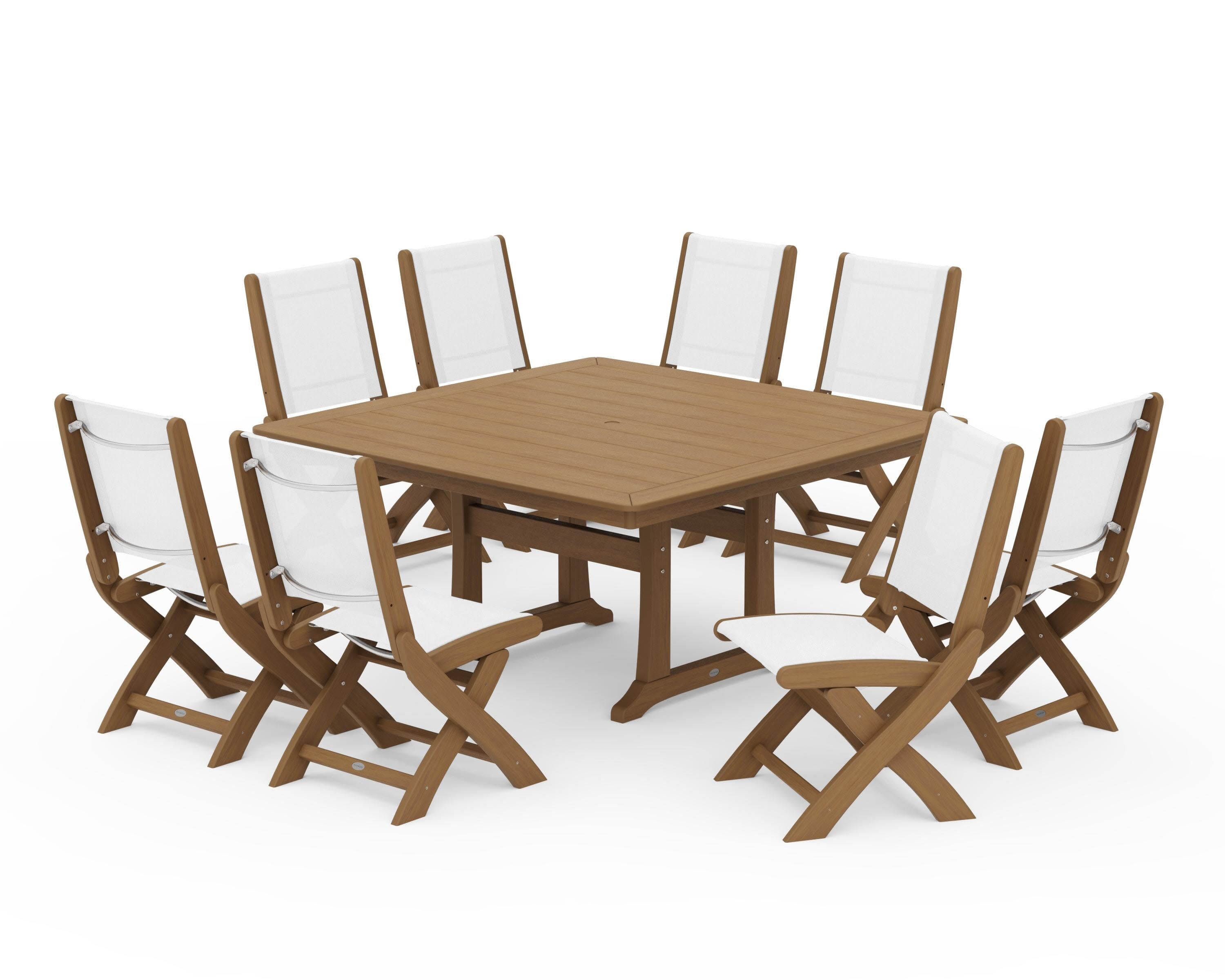 Coastal Folding Side Chair 9-Piece Dining Set with Trestle Legs in Natural / White Sling