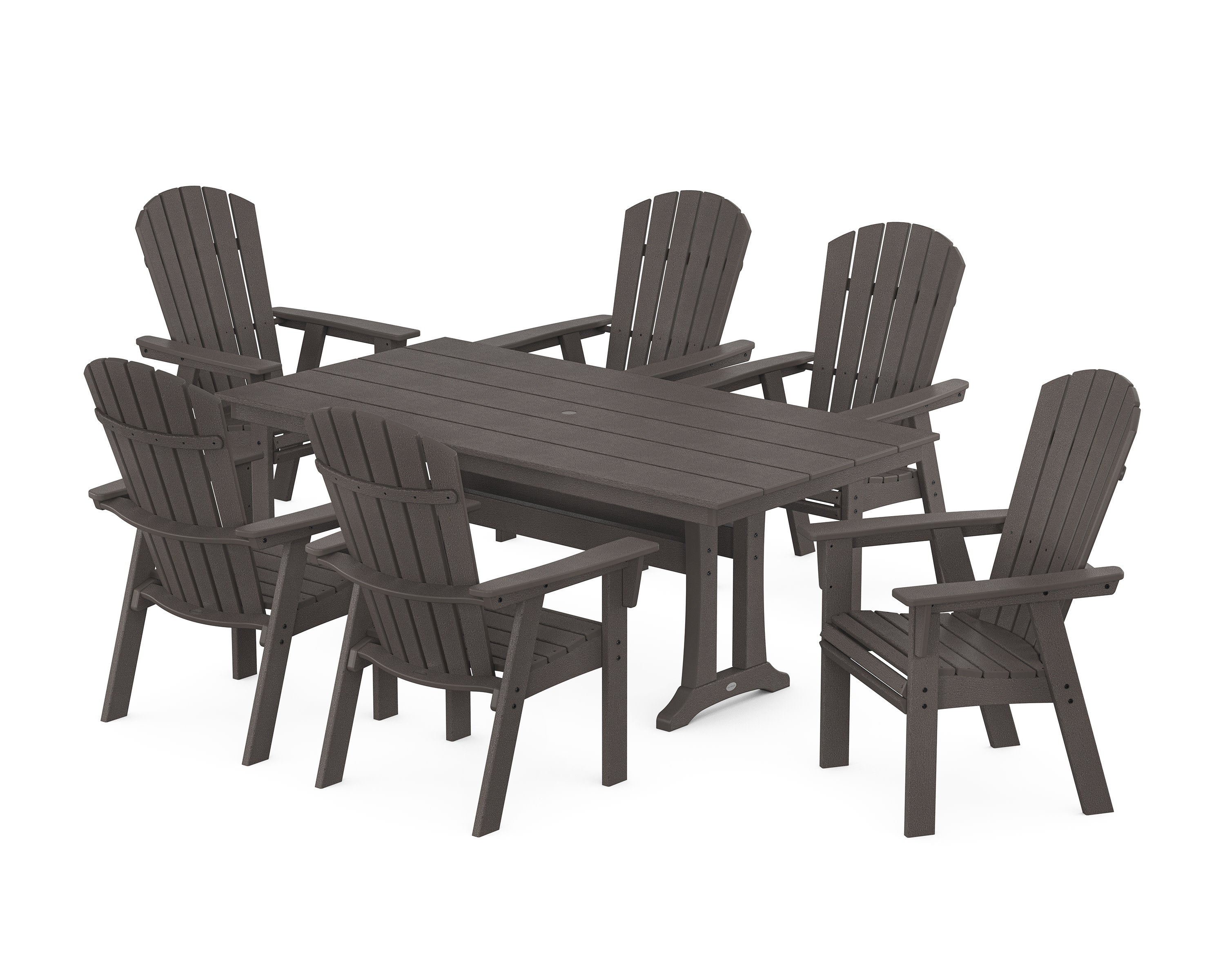 Nautical Curveback Adirondack 7-Piece Farmhouse Dining Set with Trestle Legs in Vintage Coffee