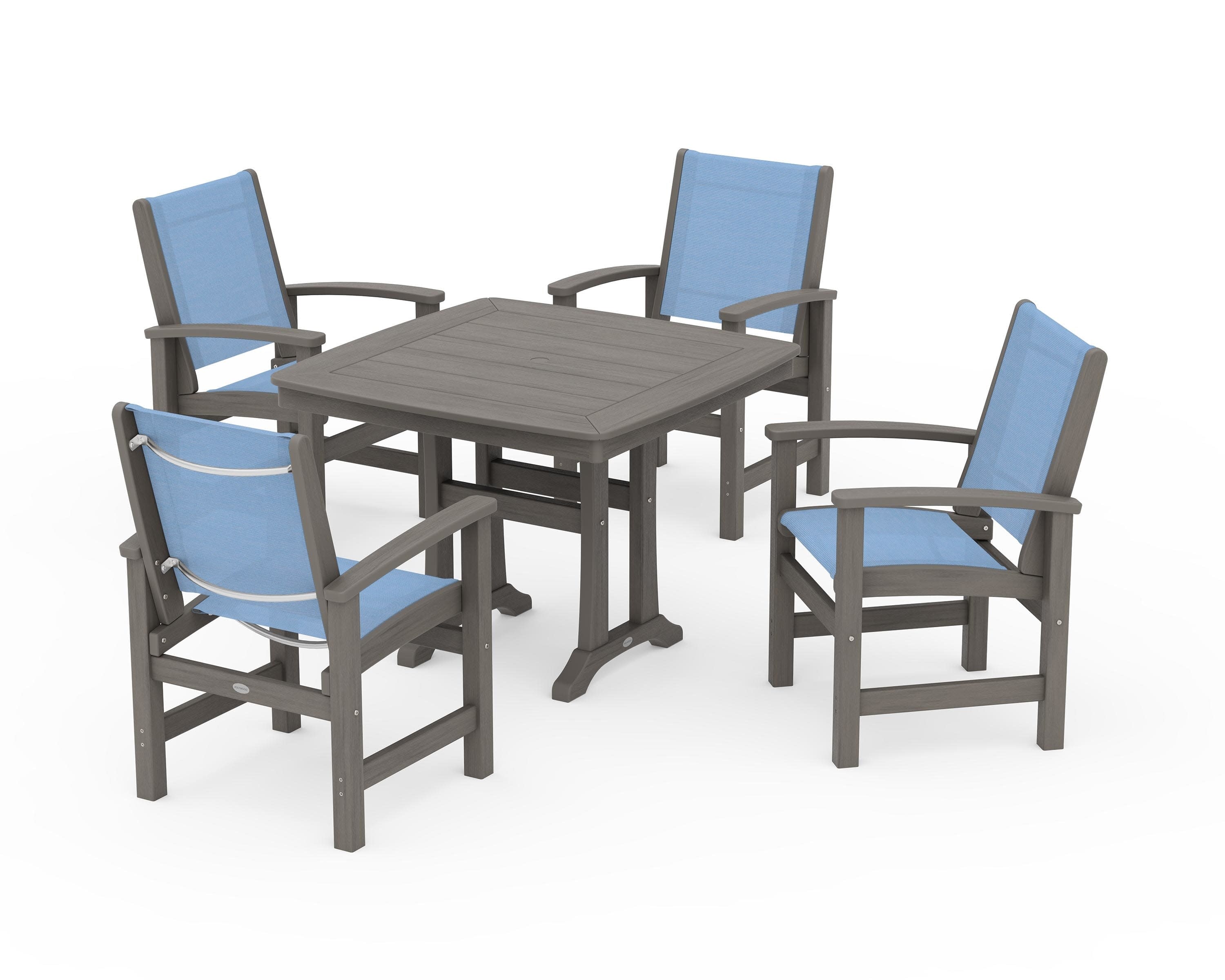 Coastal 5-Piece Dining Set with Trestle Legs in Driftwood / Poolside Sling