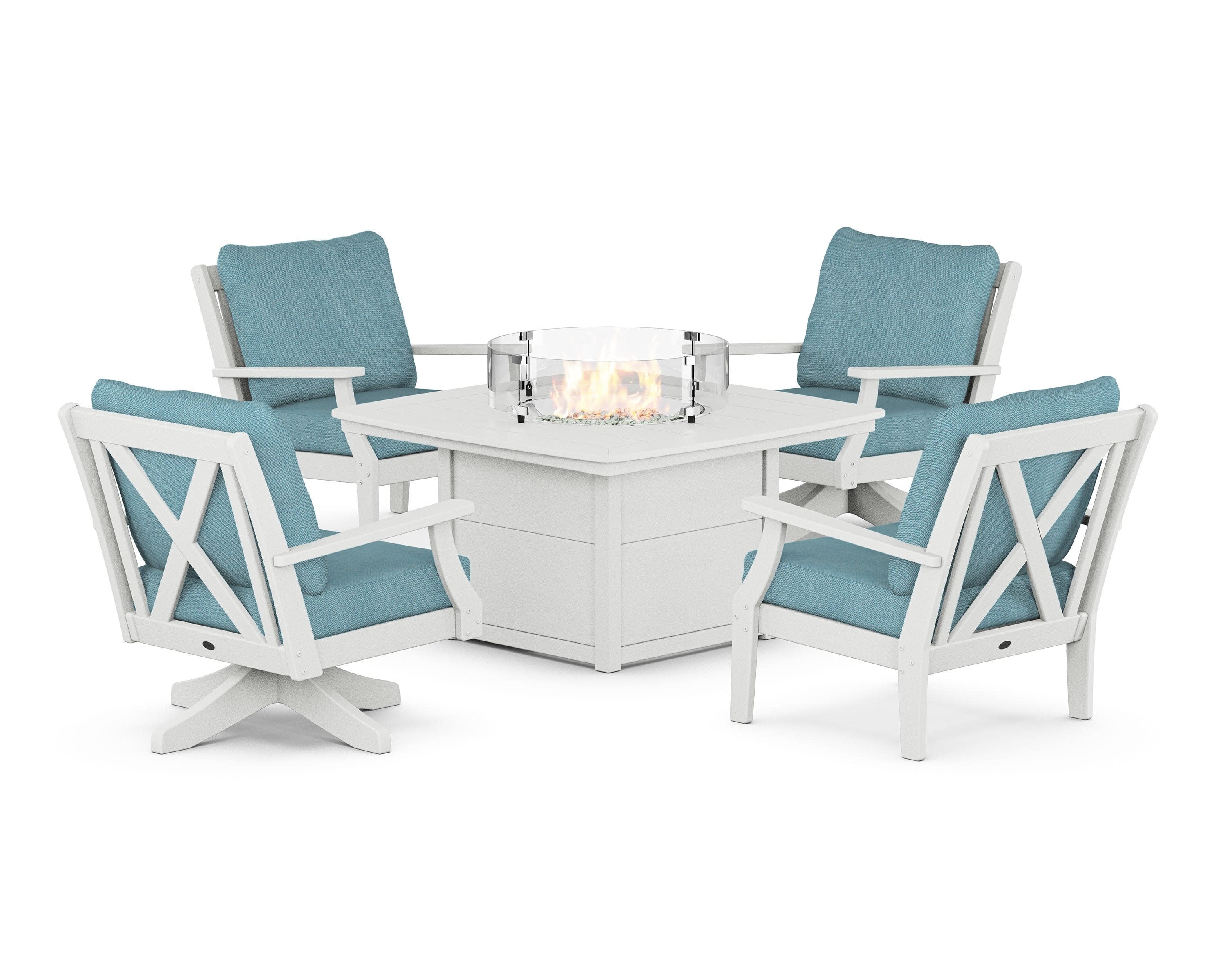 Braxton 5-Piece Deep Seating Set with Fire Table in Vintage White / Lattice Sky Blue