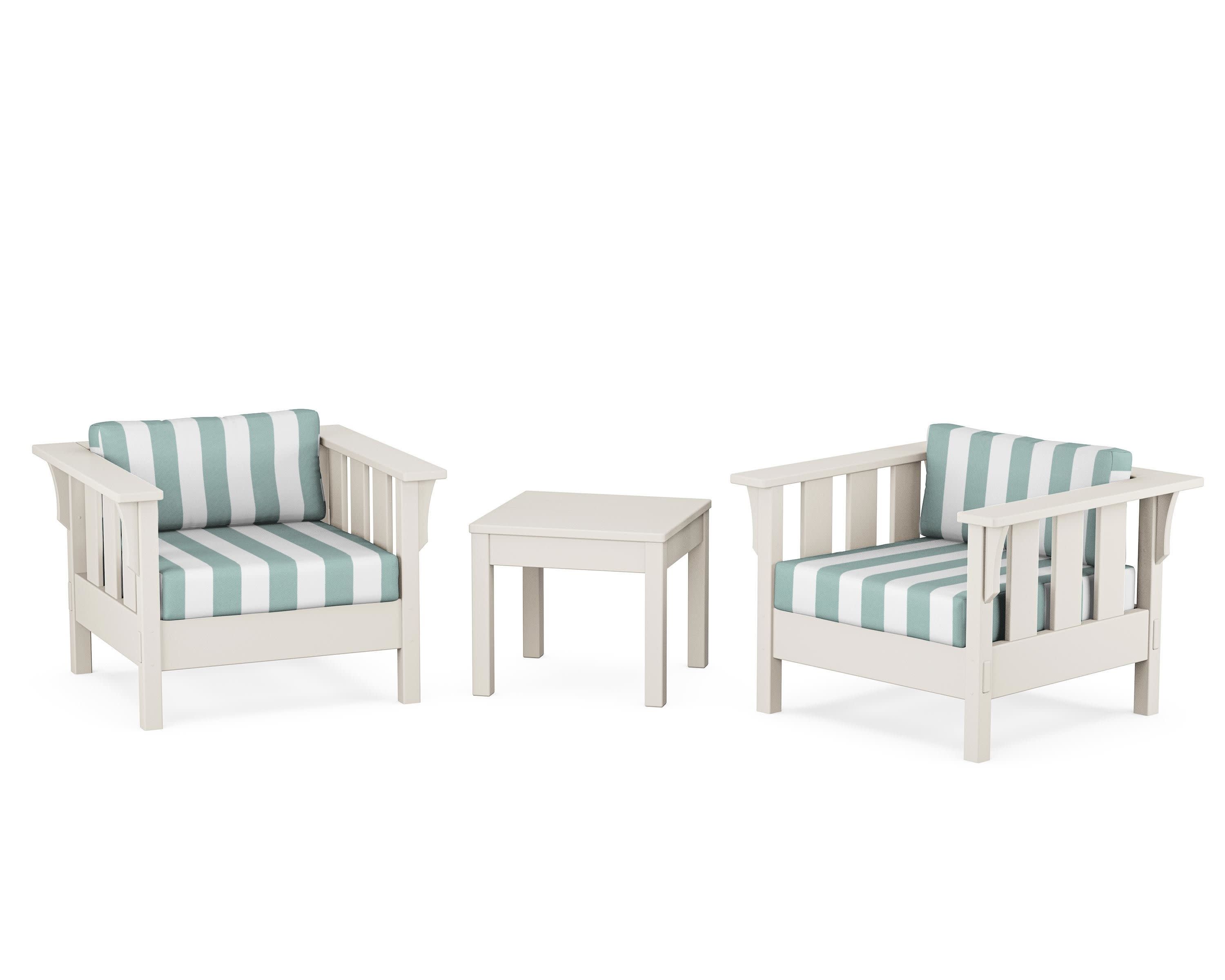 Acadia 3-Piece Deep Seating Set in Sand / Cabana Stripe Glacier Spa