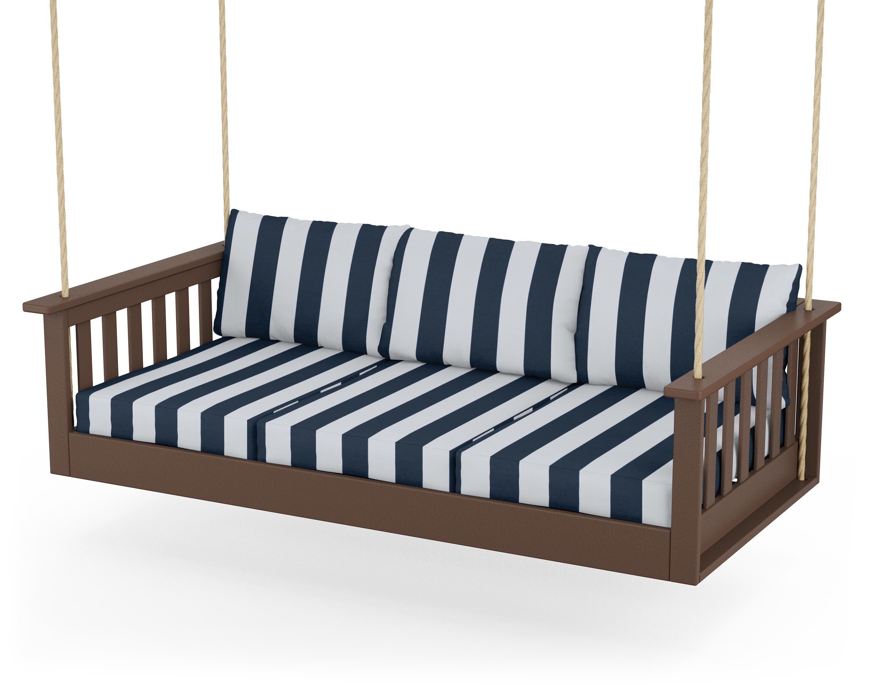 Vineyard Daybed Swing in Mahogany / Cabana Stripe Marine Indigo