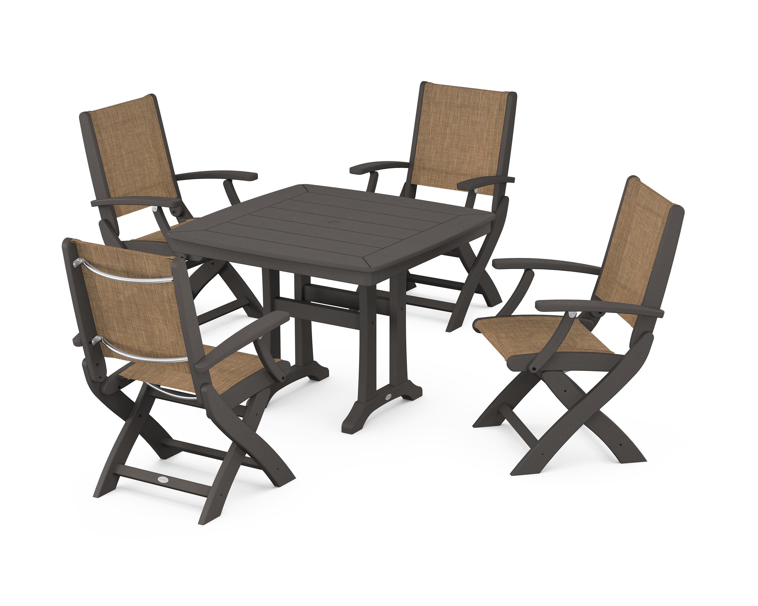 Coastal Folding Chair 5-Piece Dining Set with Trestle Legs in Vintage Coffee / Burlap Sling