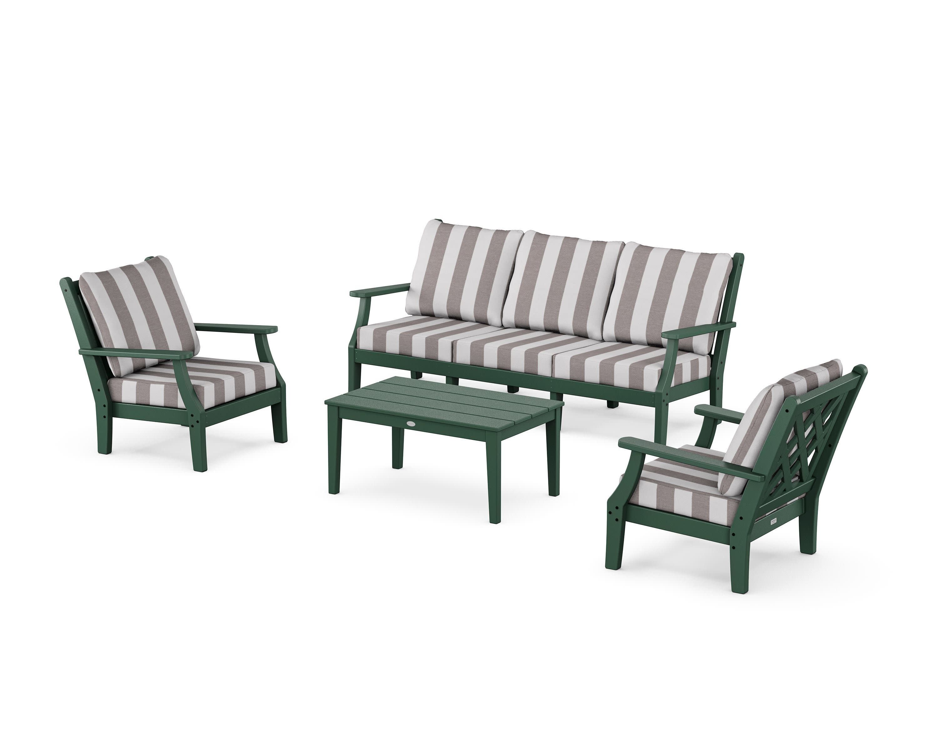 Wovendale 4-Piece Deep Seating Set with Sofa in Green / Cabana Stripe Grey Mist