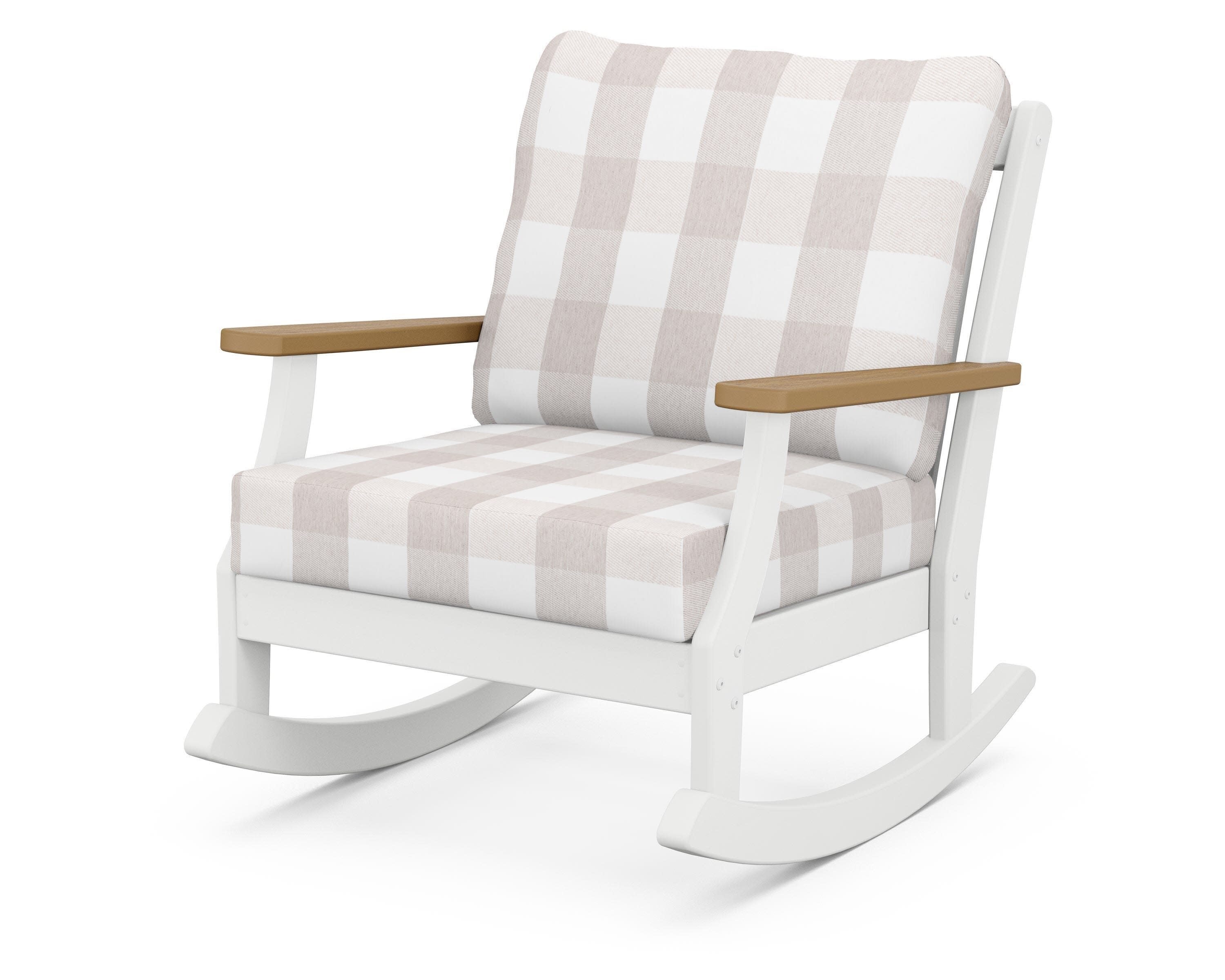 Braxton Deep Seating Rocking Chair in White / Natural / Buffalo Plaid Dune Burlap