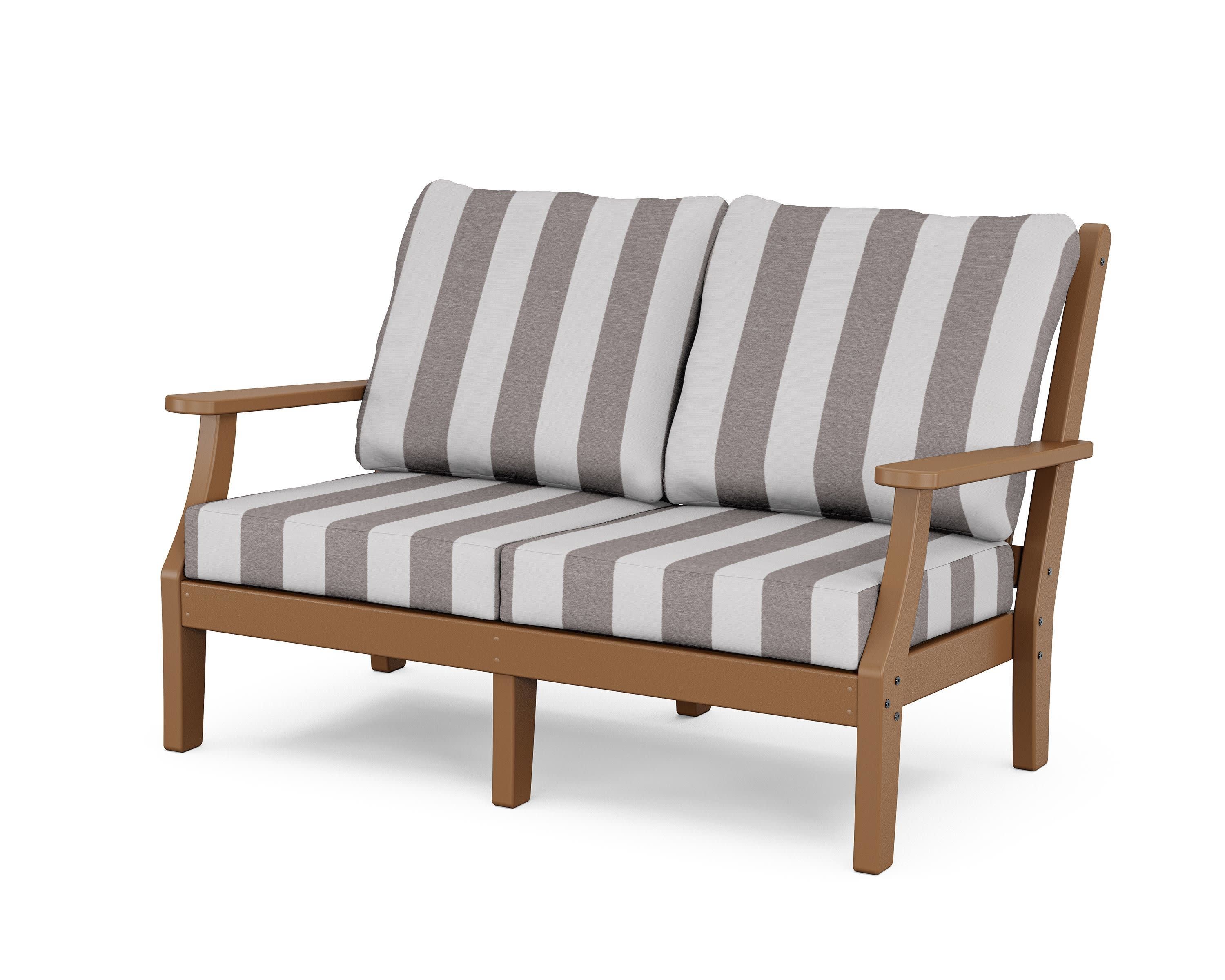 Wovendale Deep Seating Loveseat in Teak / Cabana Stripe Grey Mist