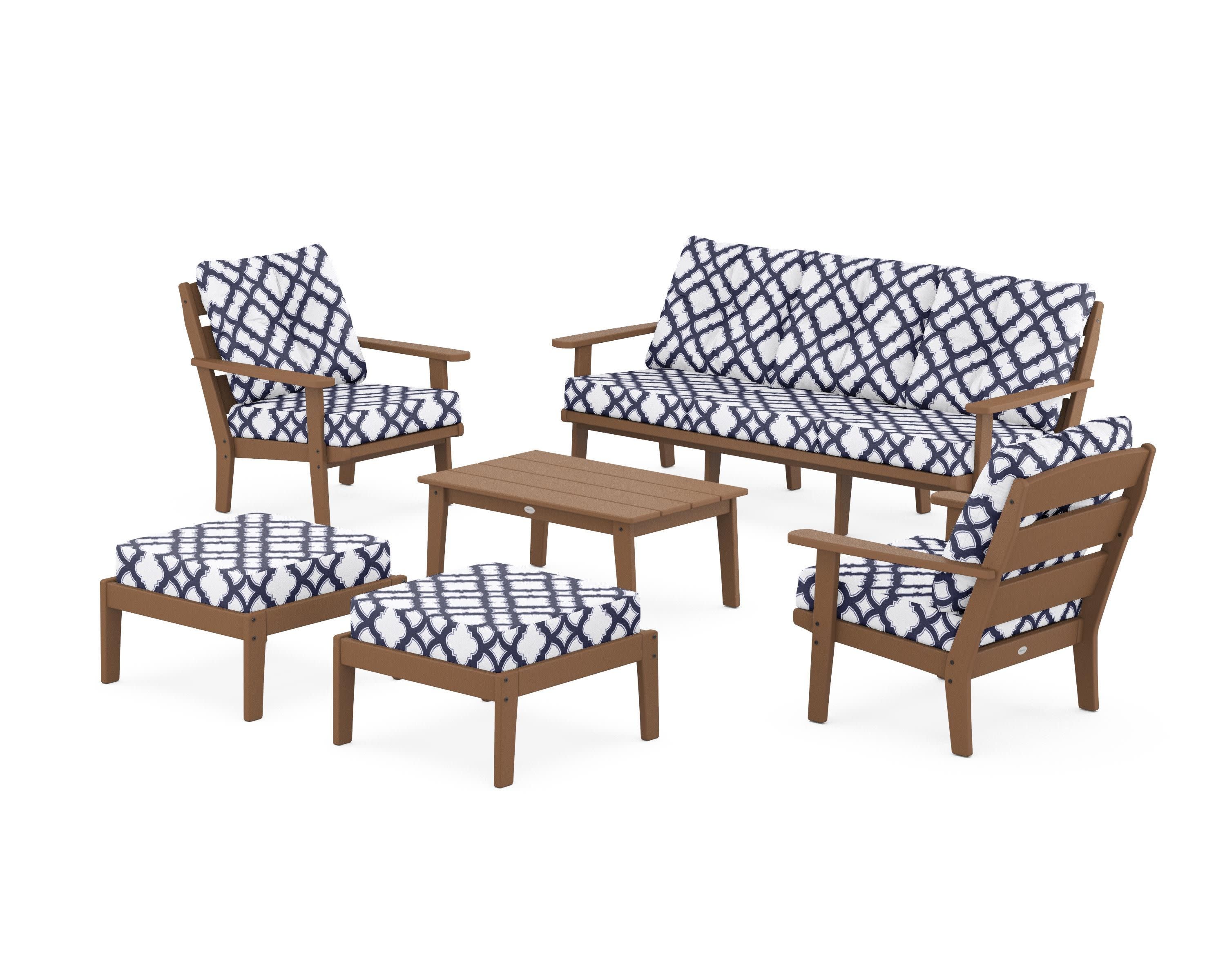 Lakeside 6-Piece Lounge Sofa Set in Teak / Trellis Navy
