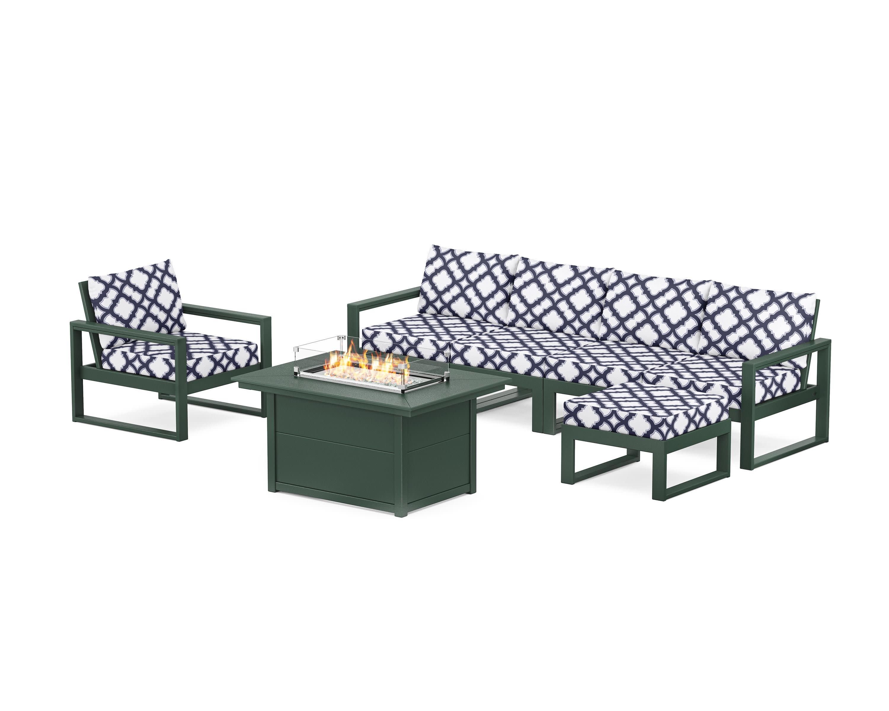EDGE Sectional Lounge and Fire Pit Set in Green / Trellis Navy