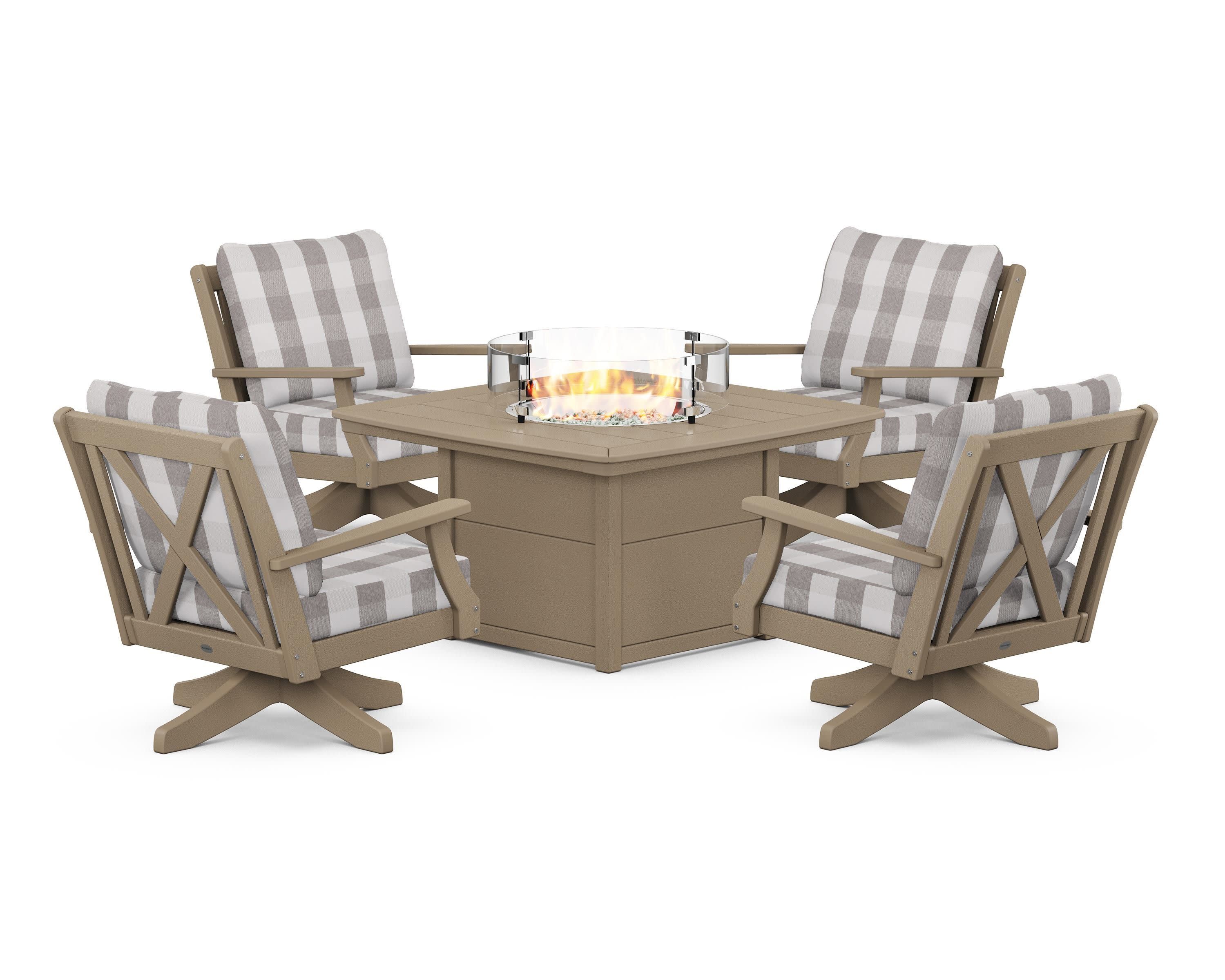 Braxton 5-Piece Deep Seating Swivel Conversation Set with Fire Pit Table in Vintage Sahara / Buffalo Plaid Grey Mist