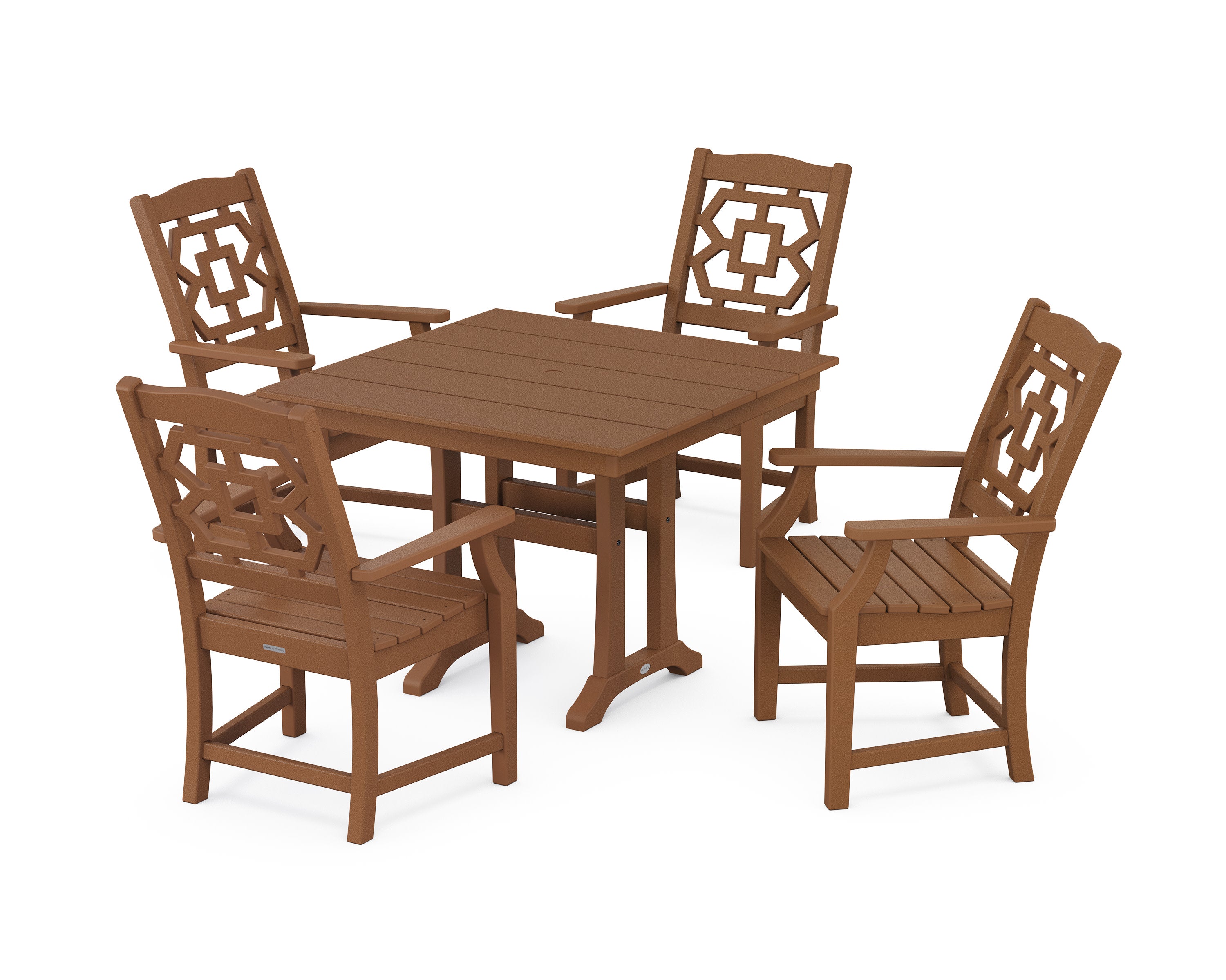 Chinoiserie 5-Piece Farmhouse Dining Set with Trestle Legs in Teak