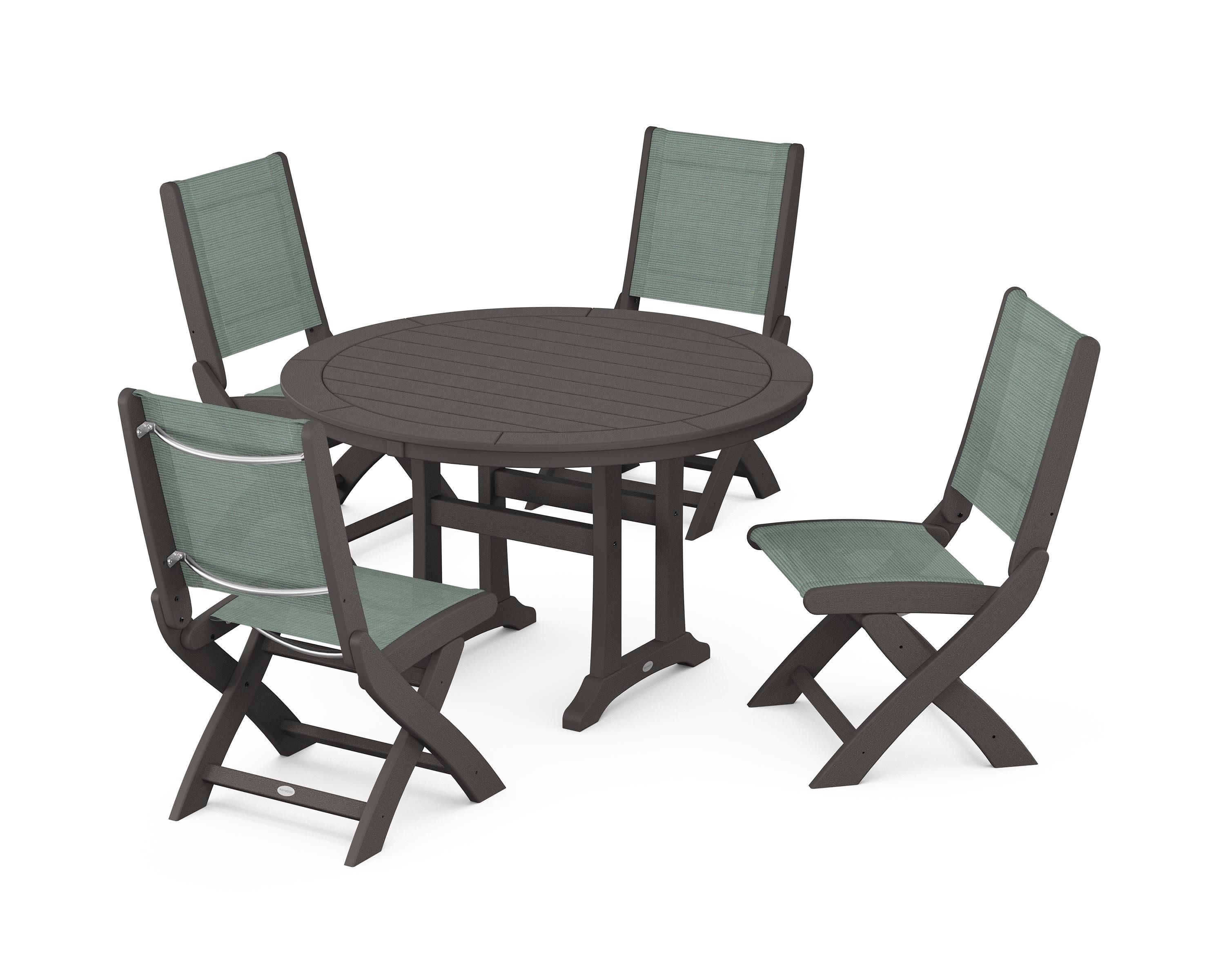Coastal Folding Side Chair 5-Piece Round Dining Set With Trestle Legs in Vintage Coffee / Dupioni Sea Mist Sling