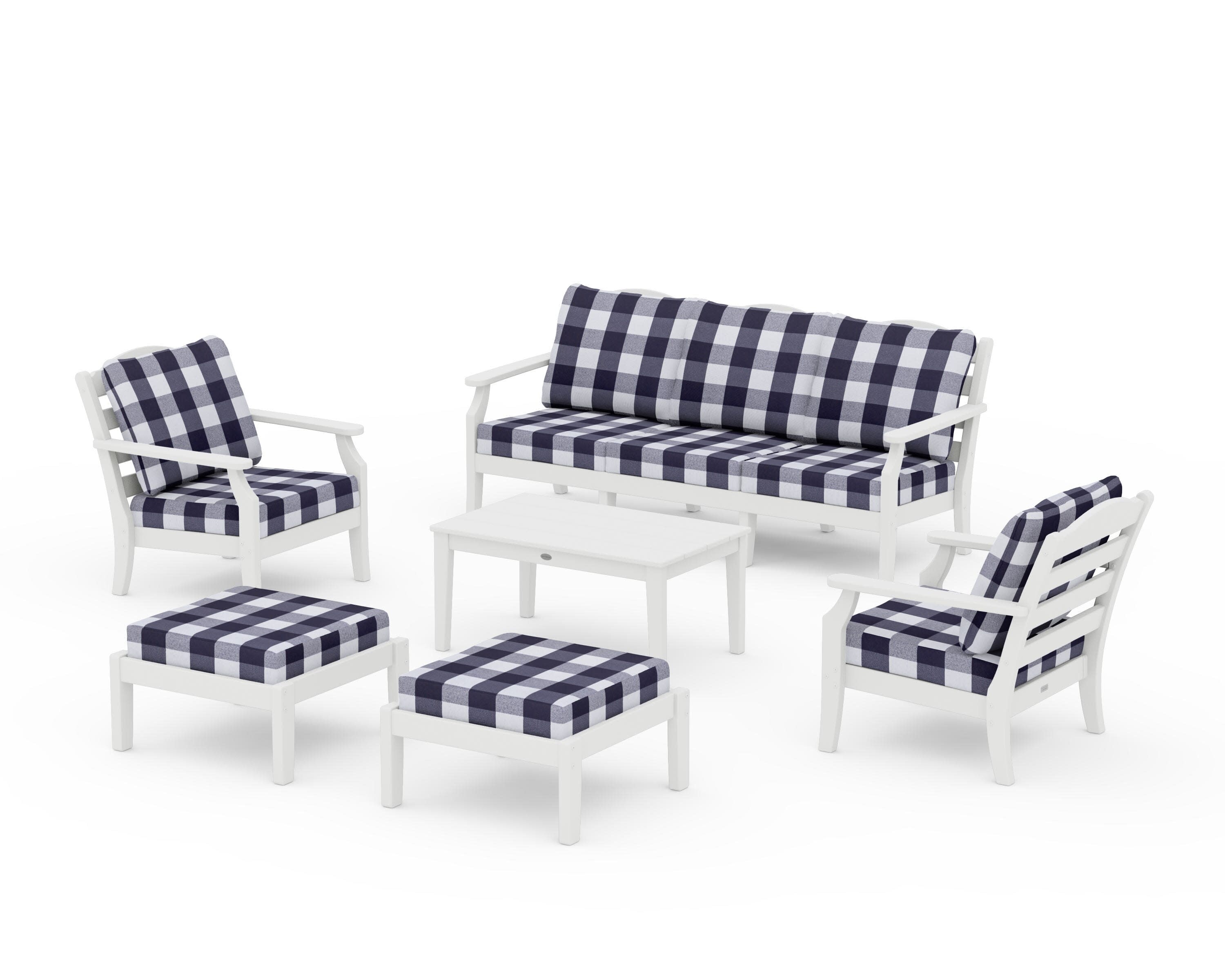 Savannah 6-Piece Lounge Sofa Set in Vintage White / Buffalo Plaid Navy