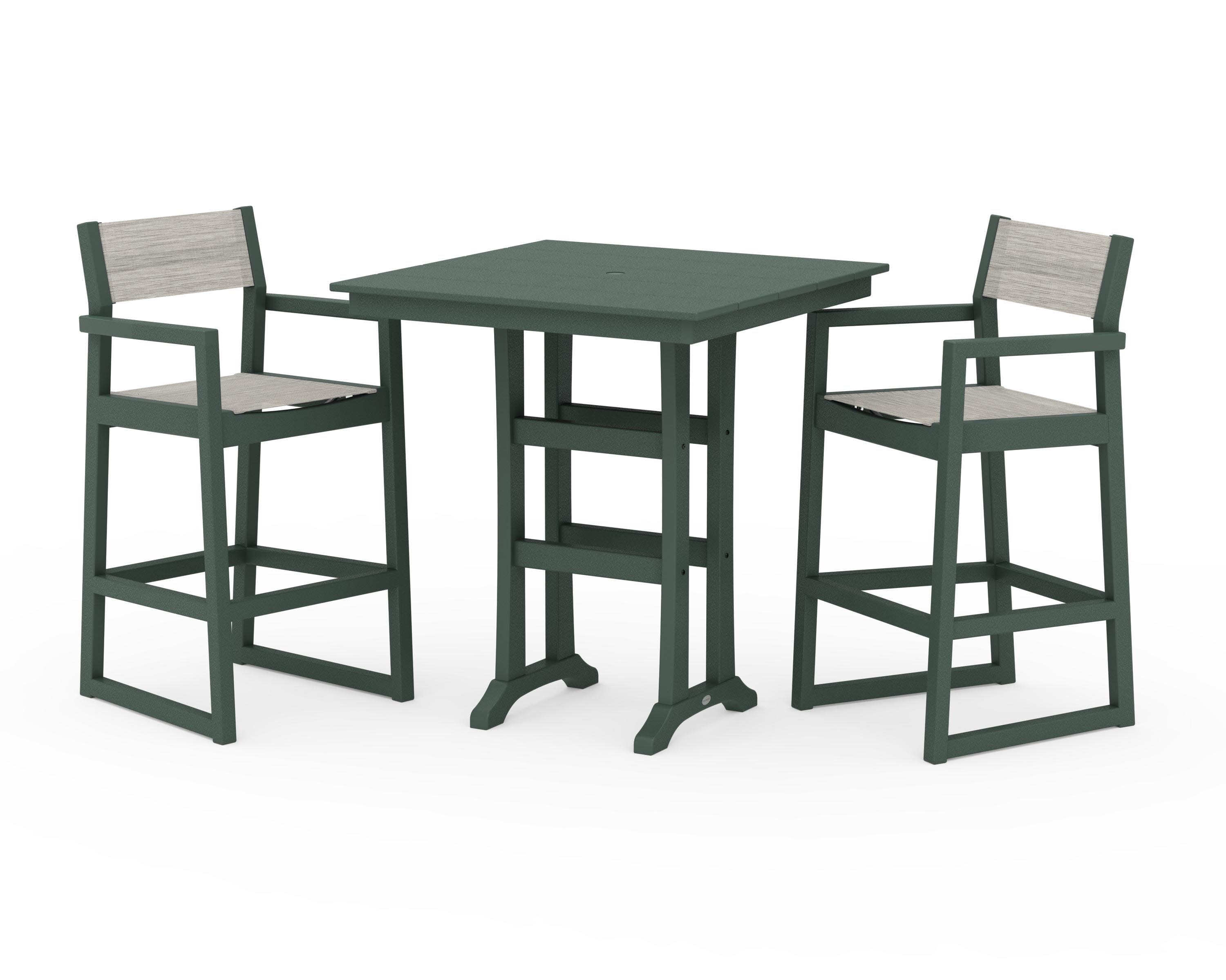 EDGE Sling Arm Chair 3-Piece Farmhouse Bar Set with Trestle Legs in Green / Birch Sling