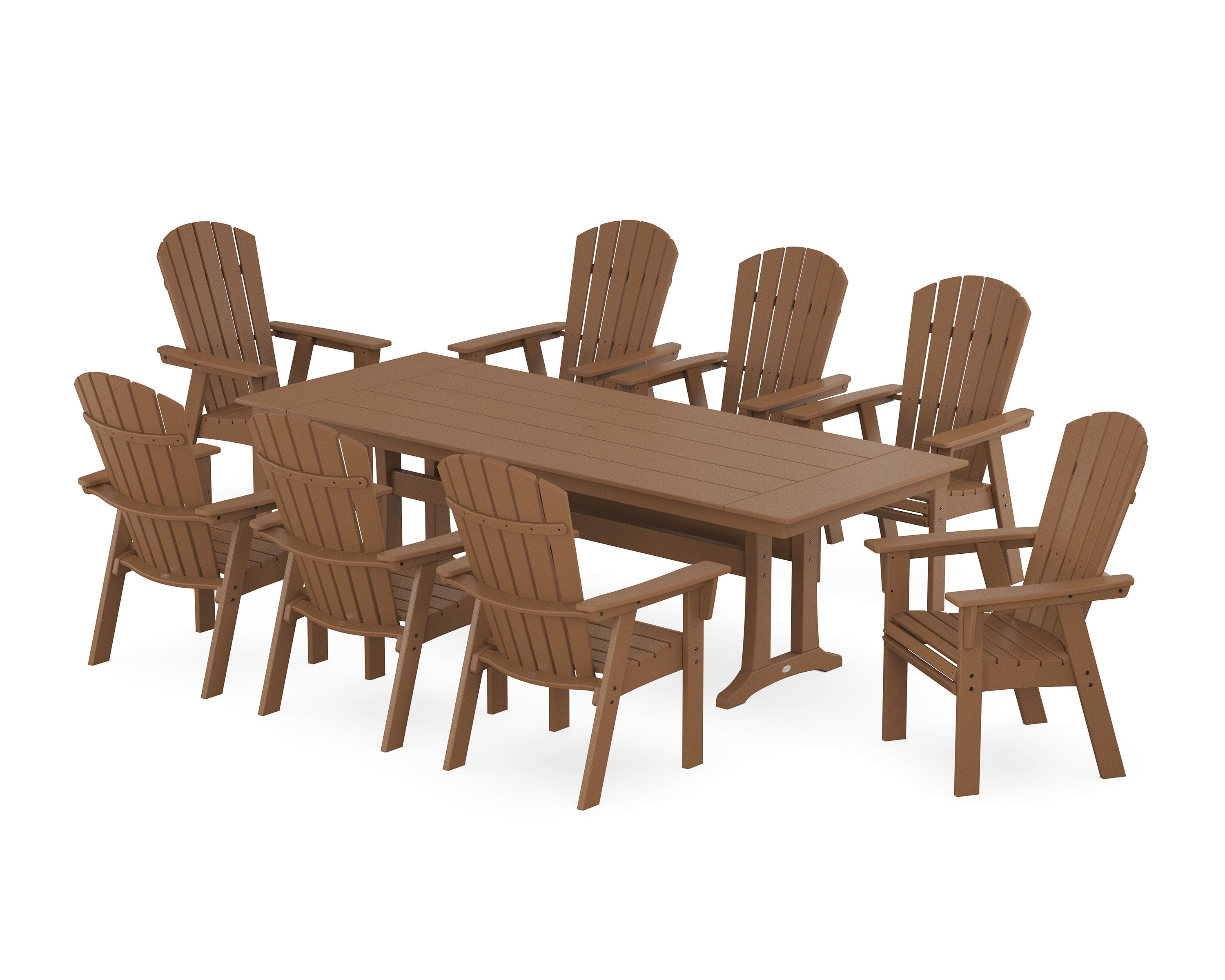 Nautical 9-Piece Curveback Adirondack Farmhouse Dining Set with Trestle Legs in Teak