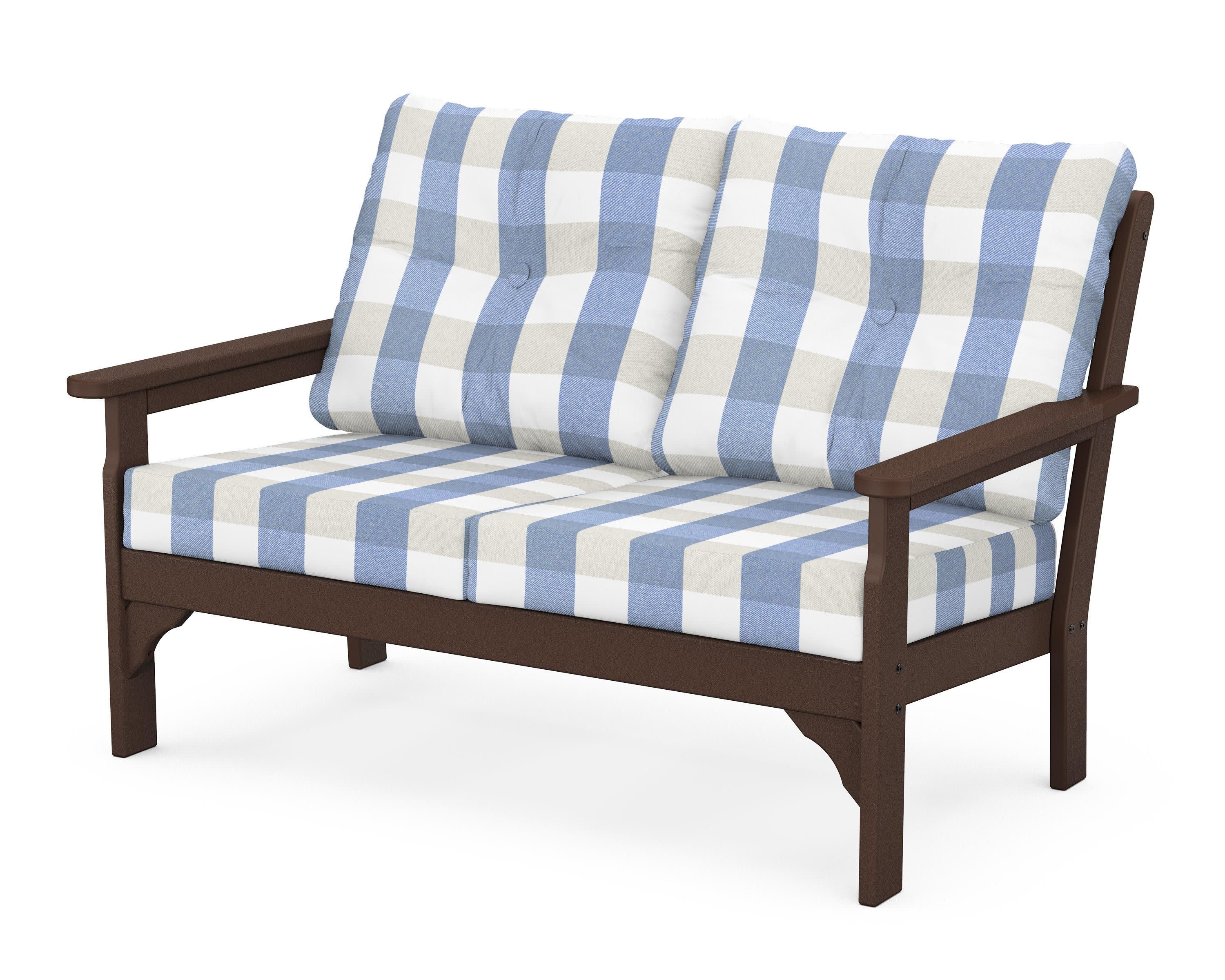 Vineyard Deep Seating Loveseat in Mahogany / Buffalo Plaid Sky Blue